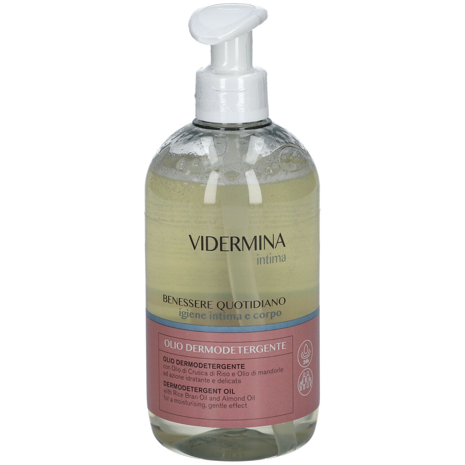 Flacone Vidermina Intima con dosatore. Etichetta rosa con testo. Prodotto trasparente.