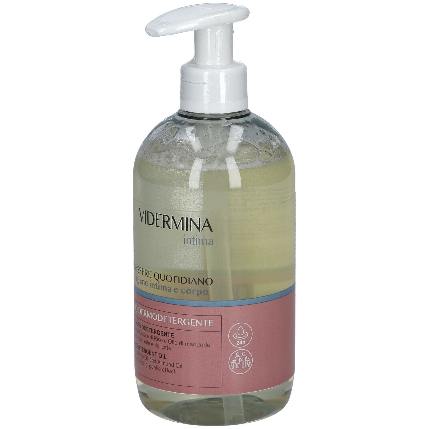 Flacone Vidermina Intima con dosatore. Etichetta rosa con testo. Prodotto trasparente.