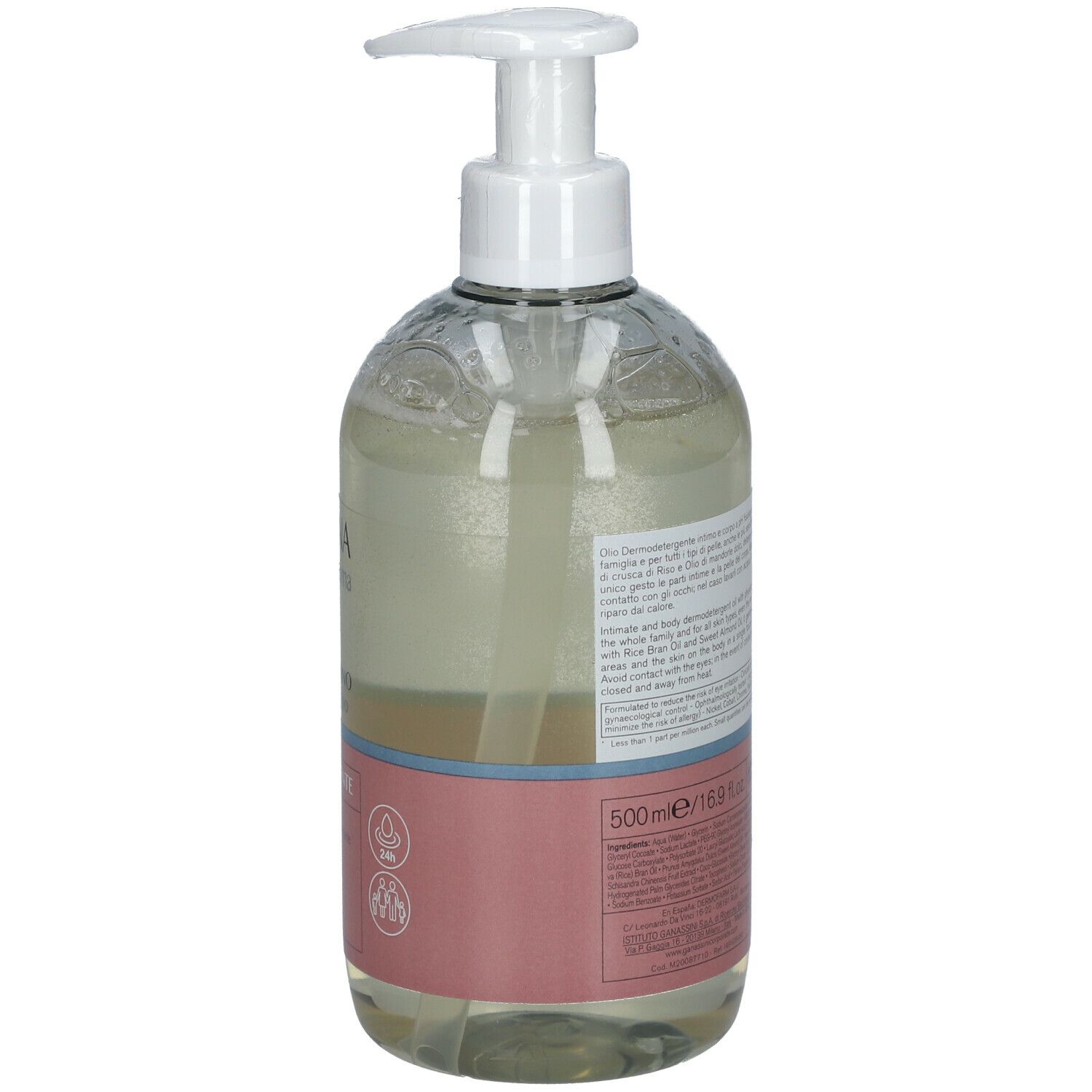 Flacone Vidermina Intima, vista posteriore. Etichetta con testo e ingredienti. Prodotto trasparente.