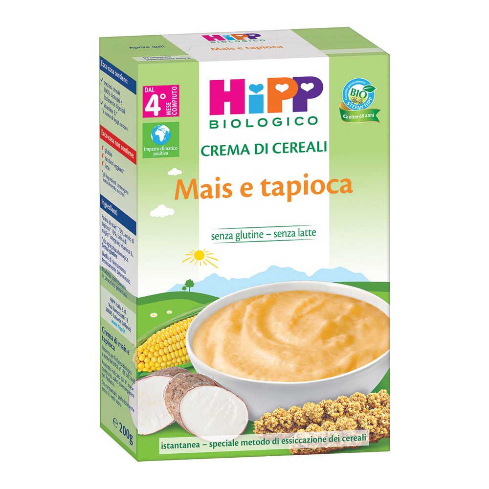 Confezione Hipp Crema di cereali Mais e tapioca. Crema di mais e tapioca in ciotola. Marchio bio.