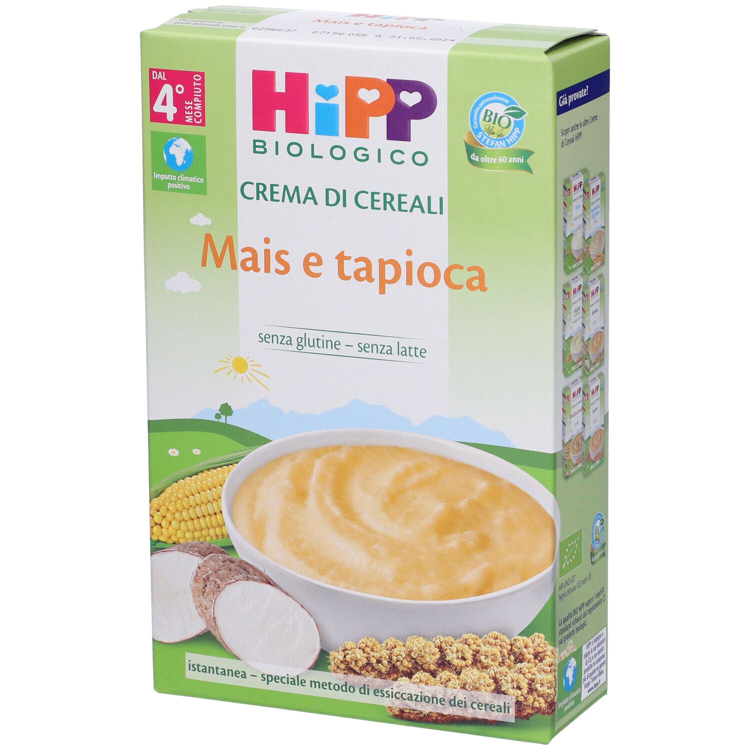 Confezione Hipp Crema di cereali Mais e tapioca. Crema di mais e tapioca in ciotola. Marchio bio.