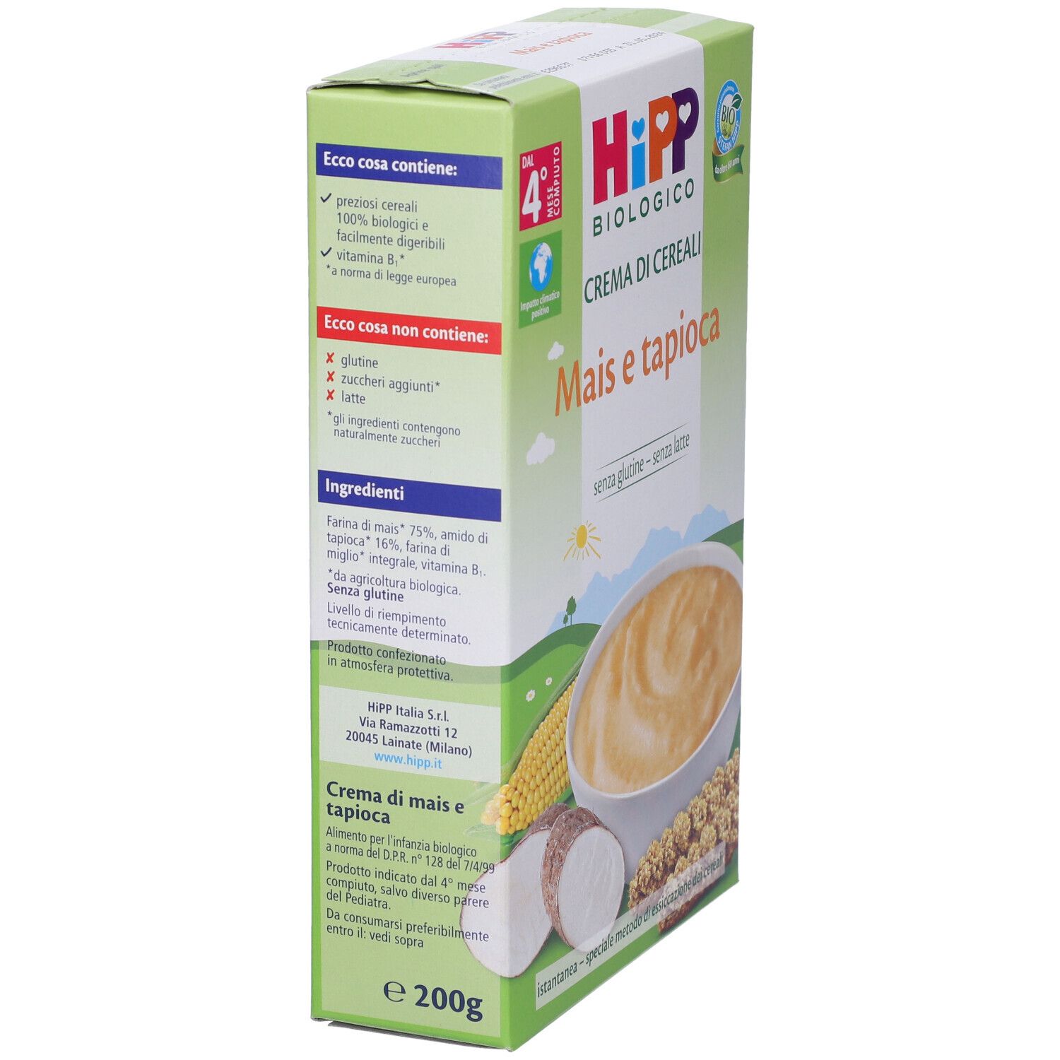 Confezione Hipp Crema di cereali Mais e tapioca. Elenco ingredienti e valori nutrizionali. Marchio bio.