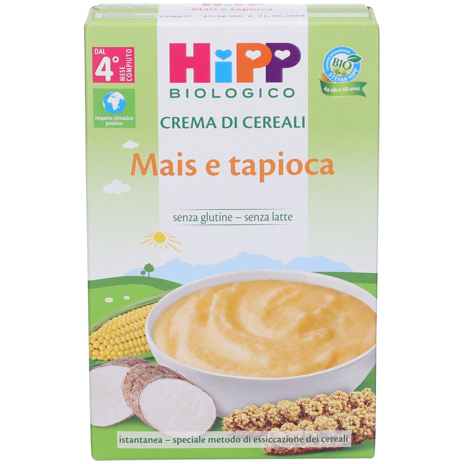 Confezione Hipp Crema di cereali Mais e tapioca. Crema di mais e tapioca in ciotola. Marchio bio.