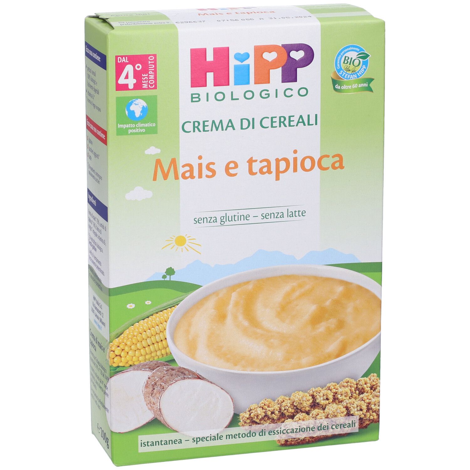 Confezione Hipp Crema di cereali Mais e tapioca. Crema di mais e tapioca in ciotola. Marchio bio.