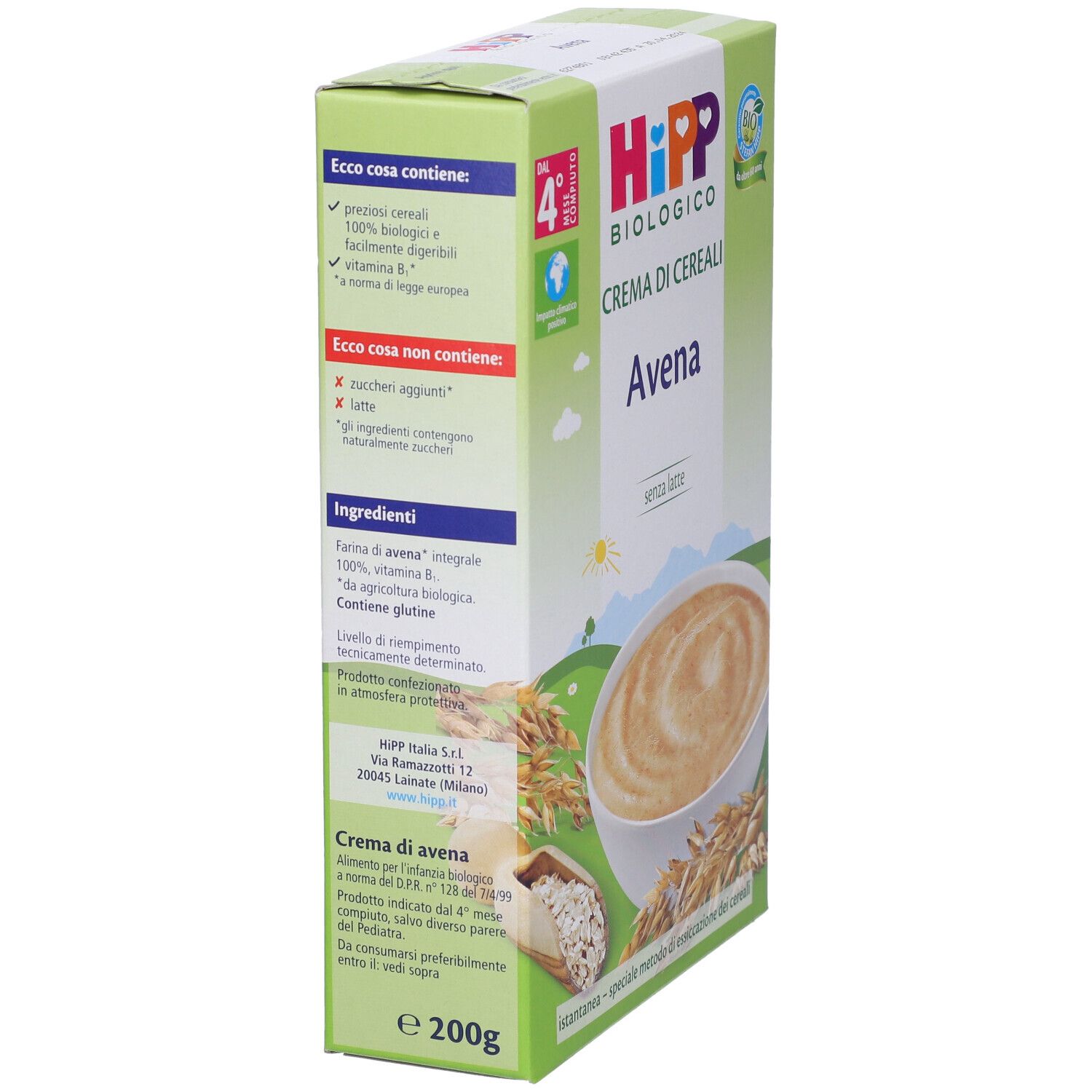 Lato della confezione Hipp Bio Crema Cereali Avena. Ingredienti, informazioni nutrizionali, sigillo bio.