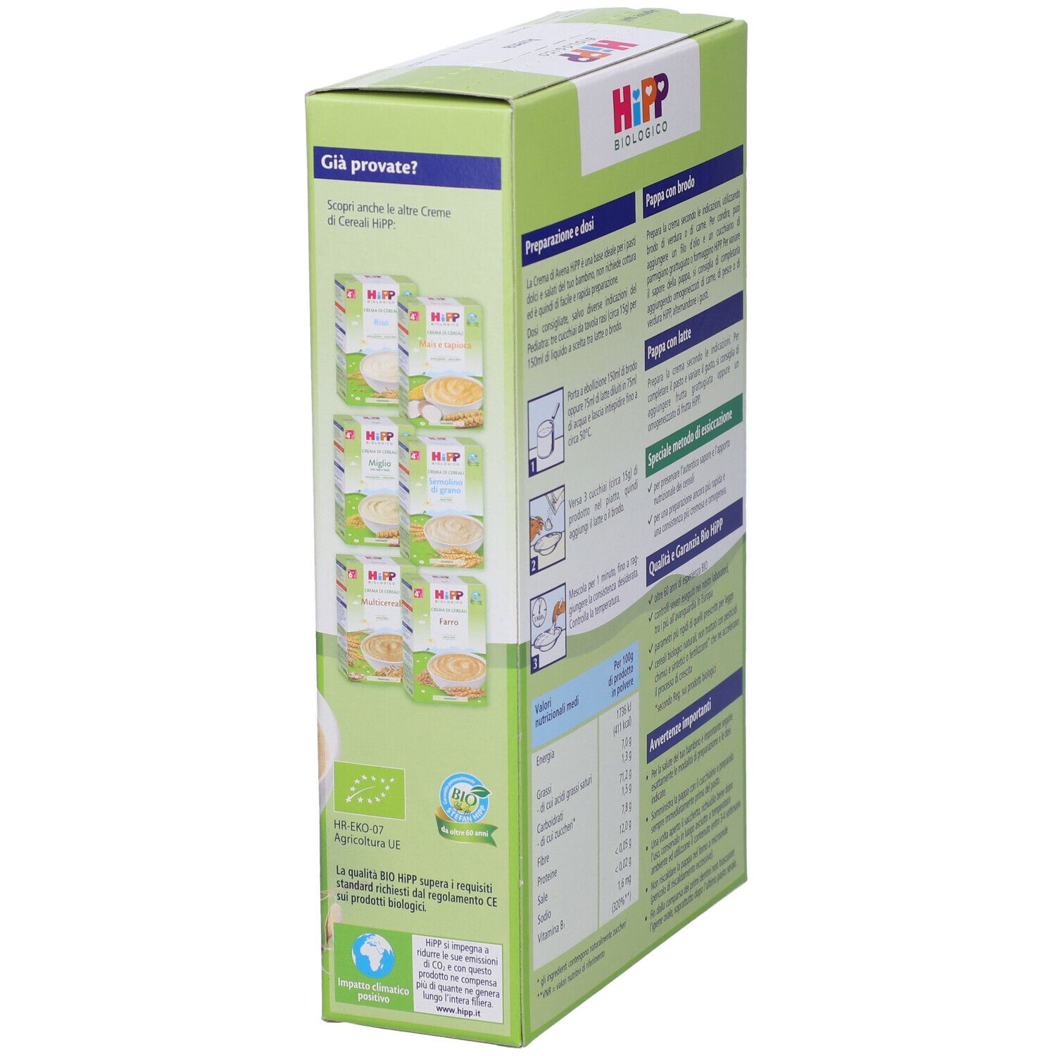 Lato della confezione Hipp Bio Crema Cereali Avena. Immagini di altri prodotti, sigillo bio.