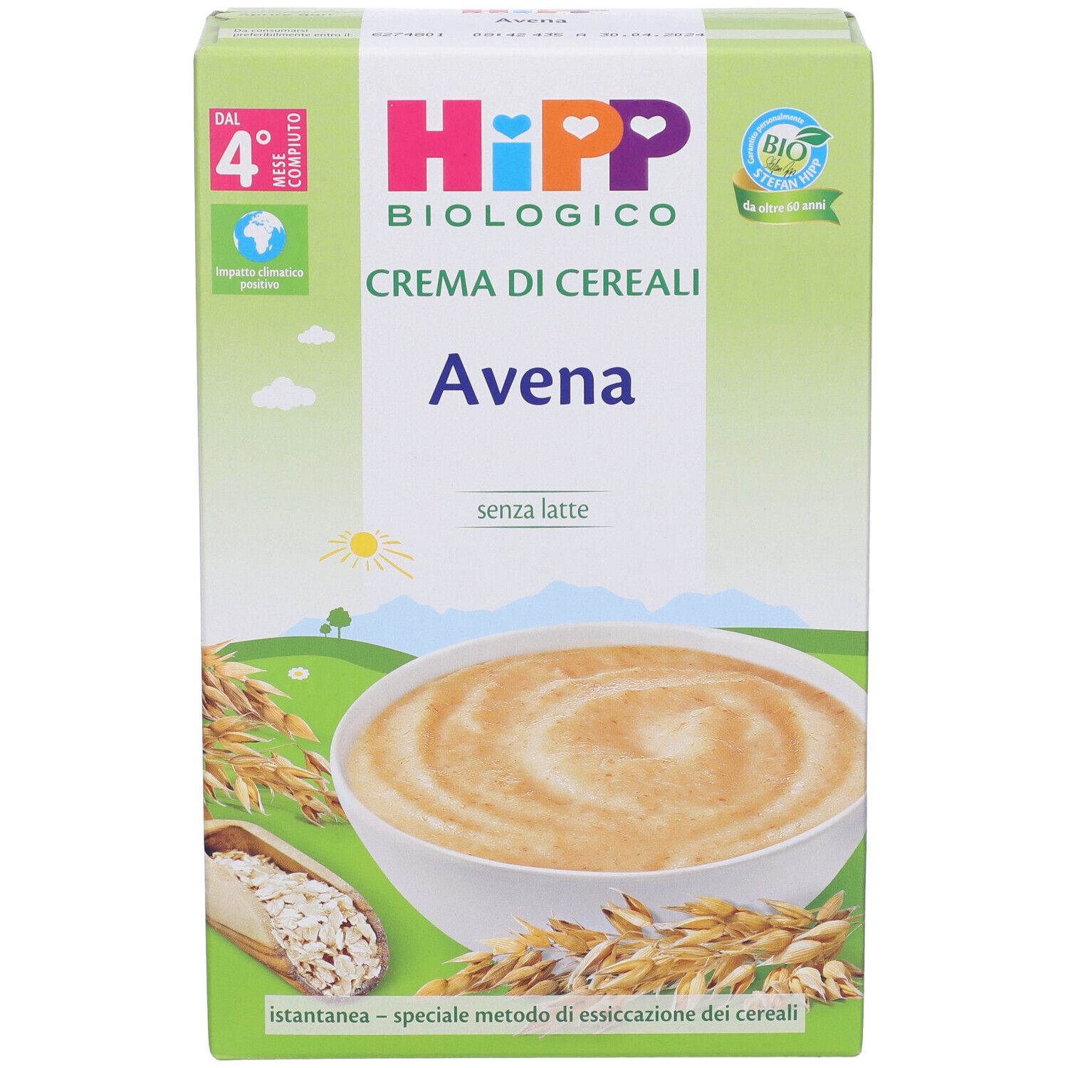 Confezione di Hipp Bio Crema Cereali Avena. Scritta: Avena, senza latte. Sigillo bio.