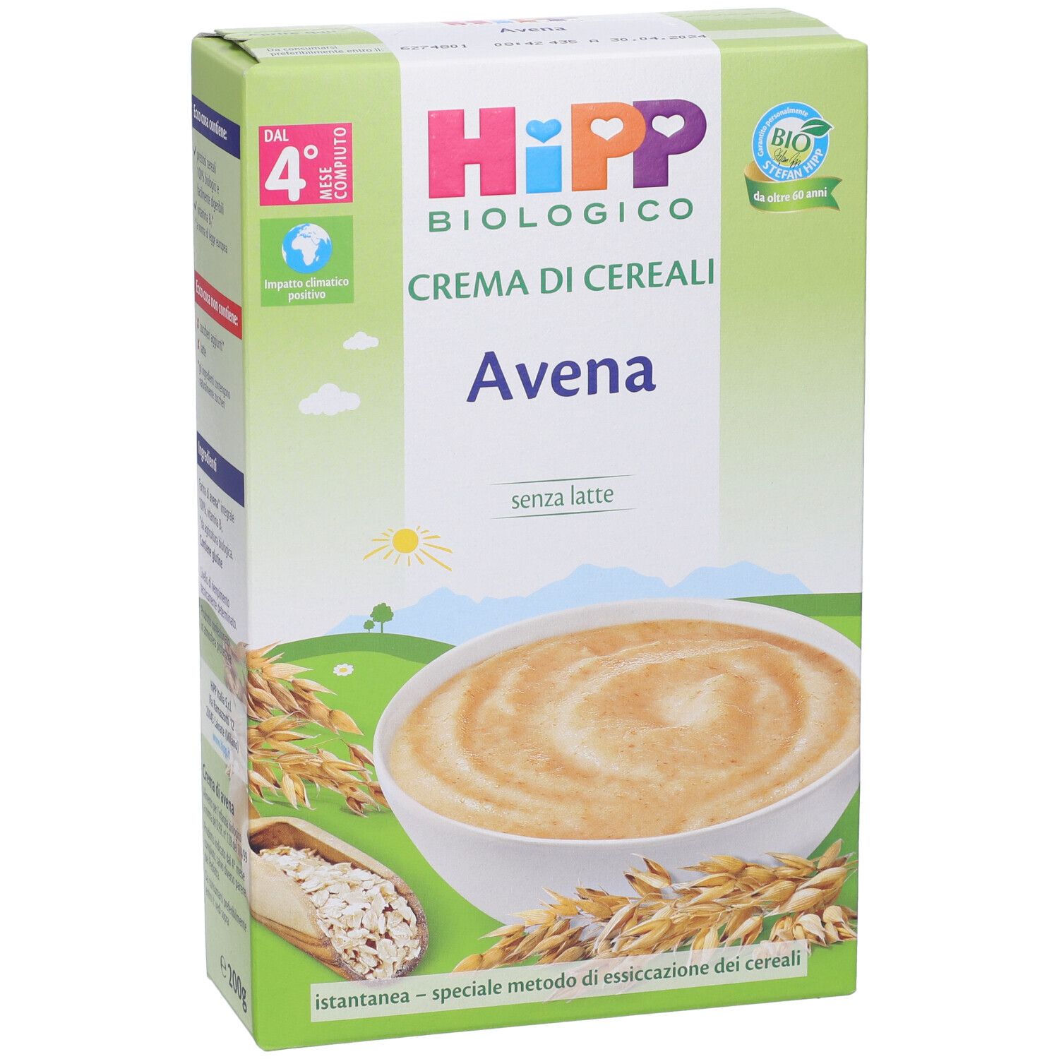 Confezione di Hipp Bio Crema Cereali Avena. Scritta: Avena, senza latte. Sigillo bio.