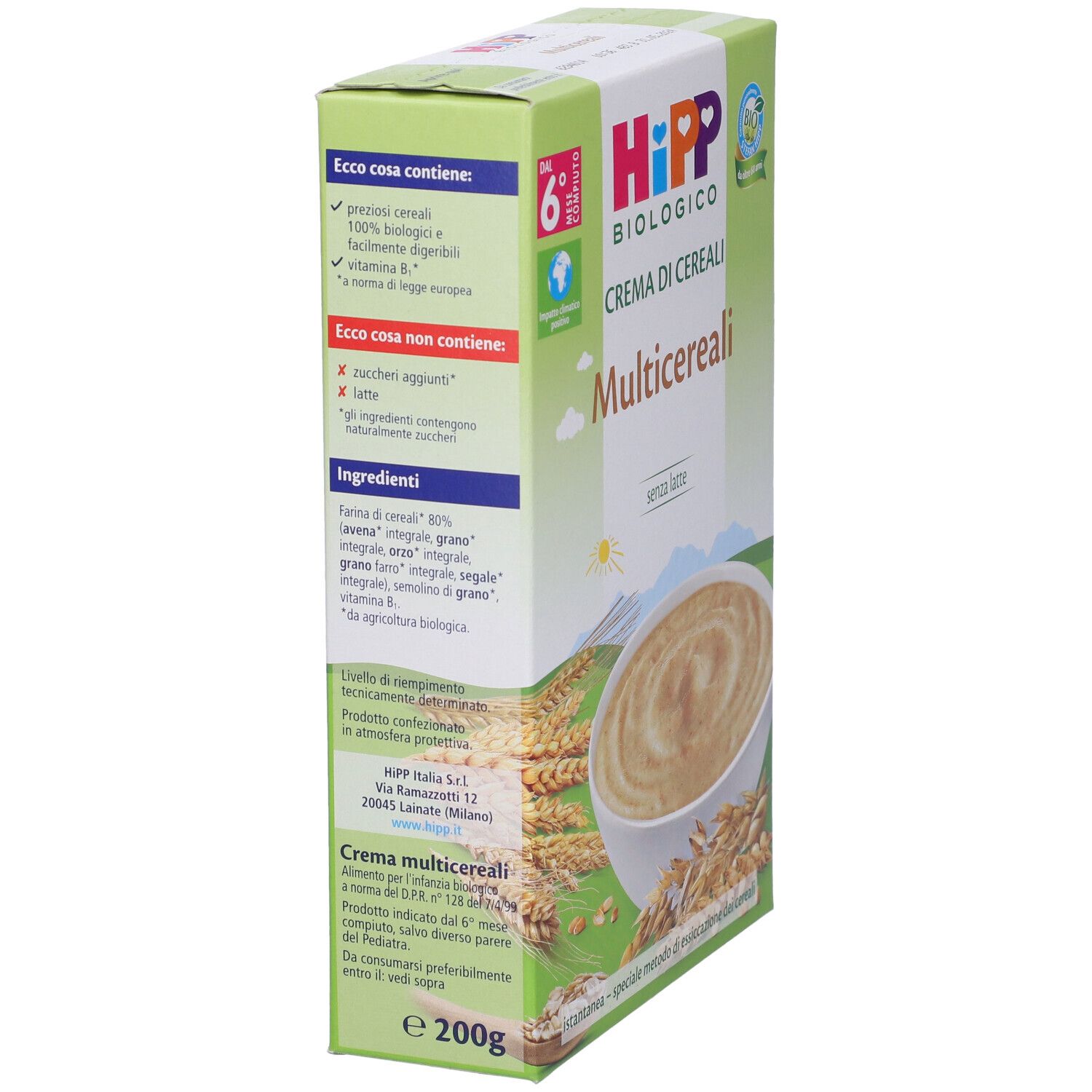 Confezione di Hipp Bio Crema Cereali Multicereali. Scritta: biologico, crema di cereali, multicereali, 200g.
