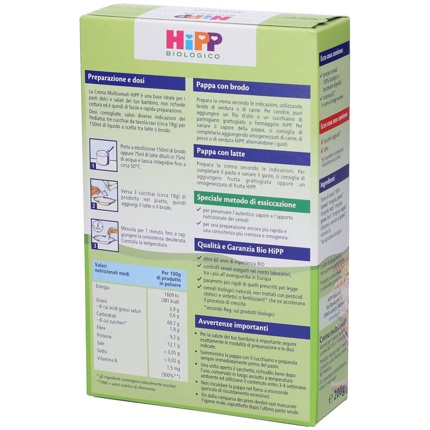 Retro della confezione di Hipp Bio Crema Cereali Multicereali. Informazioni su preparazione e valori nutrizionali.