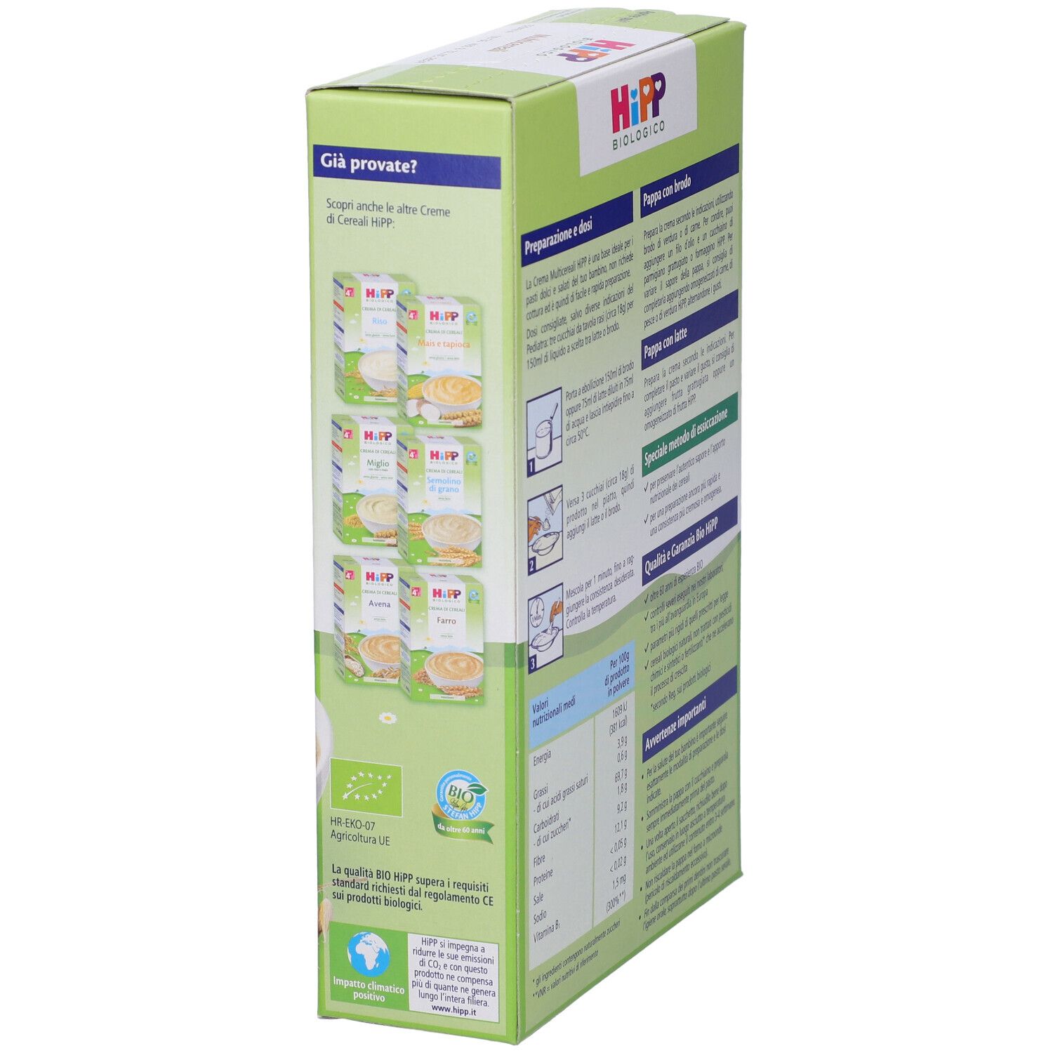 Lato della confezione di Hipp Bio Crema Cereali Multicereali. Illustrazioni di altri prodotti.