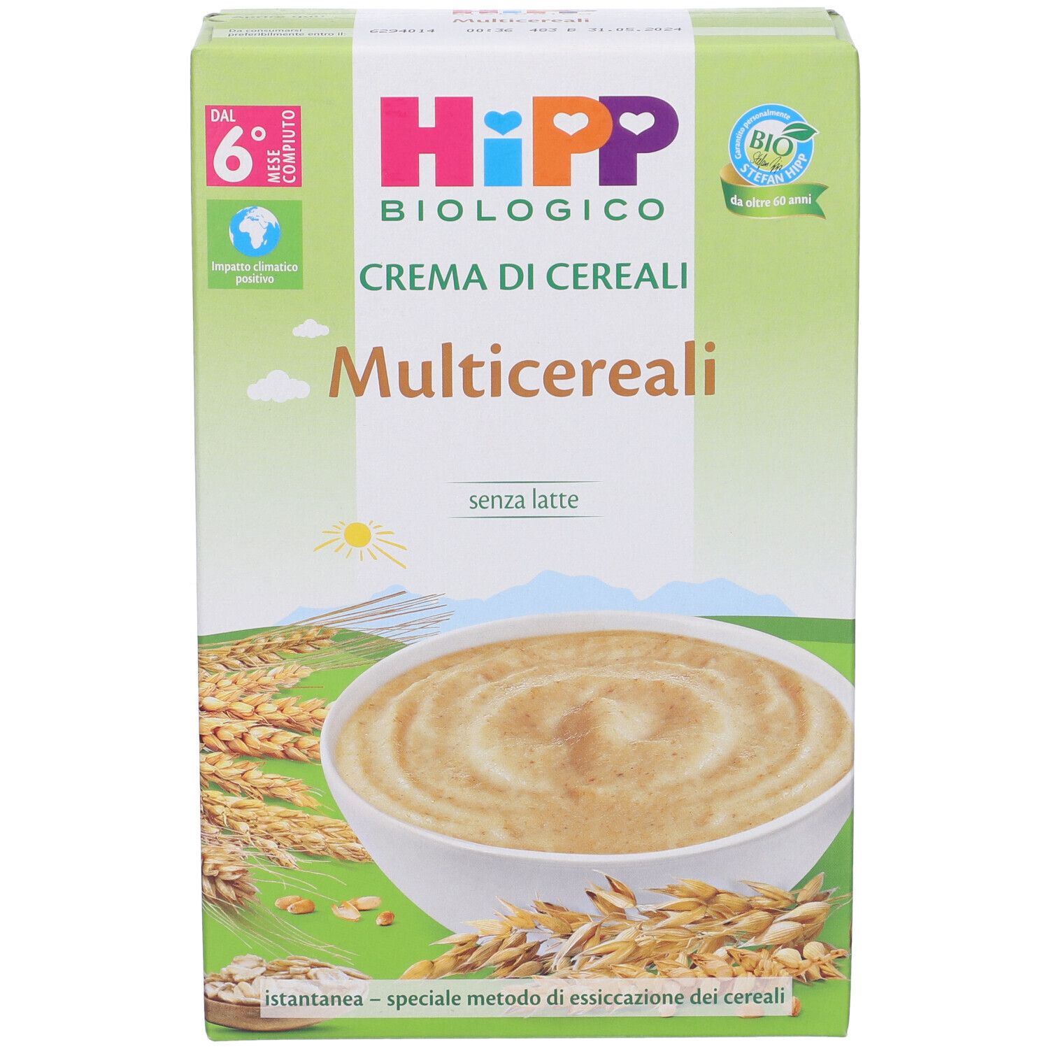 Confezione di Hipp Bio Crema Cereali Multicereali. Scritta: biologico, crema di cereali, multicereali, senza latte.