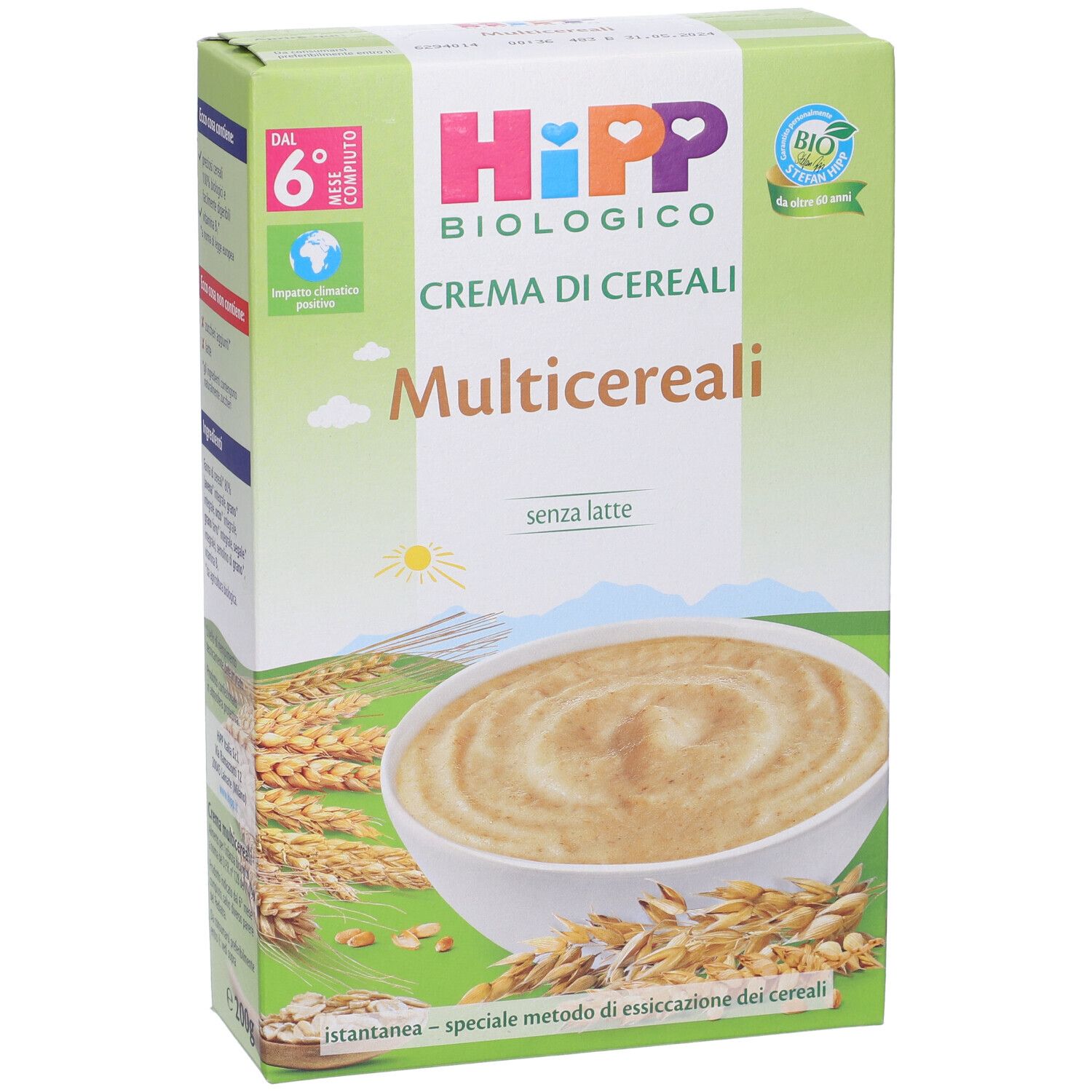Confezione di Hipp Bio Crema Cereali Multicereali. Scritta: biologico, crema di cereali, multicereali, senza latte.