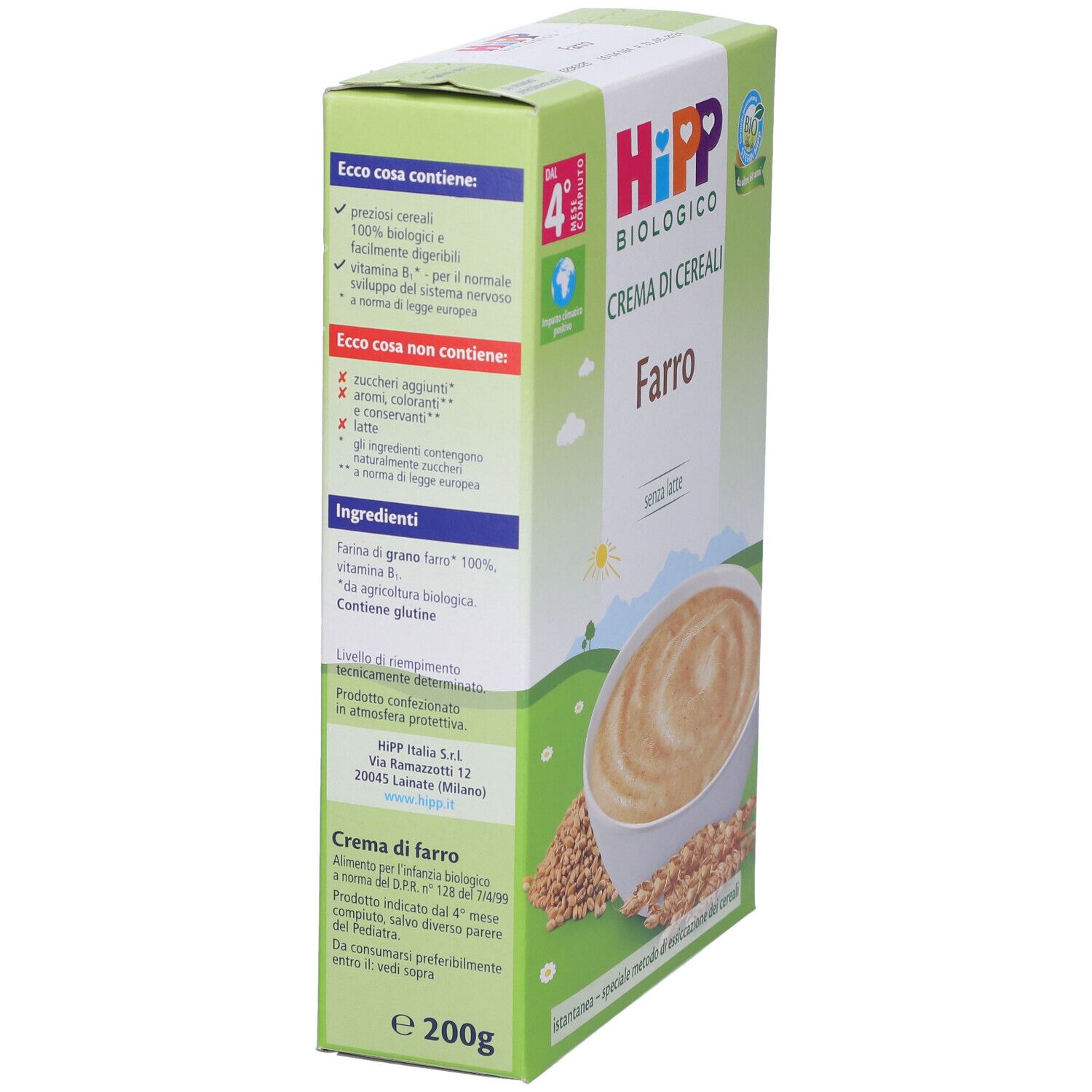 Confezione Hipp Bio Crema Cereali Farro. Vista laterale con informazioni, logo e testo. Sigillo biologico.