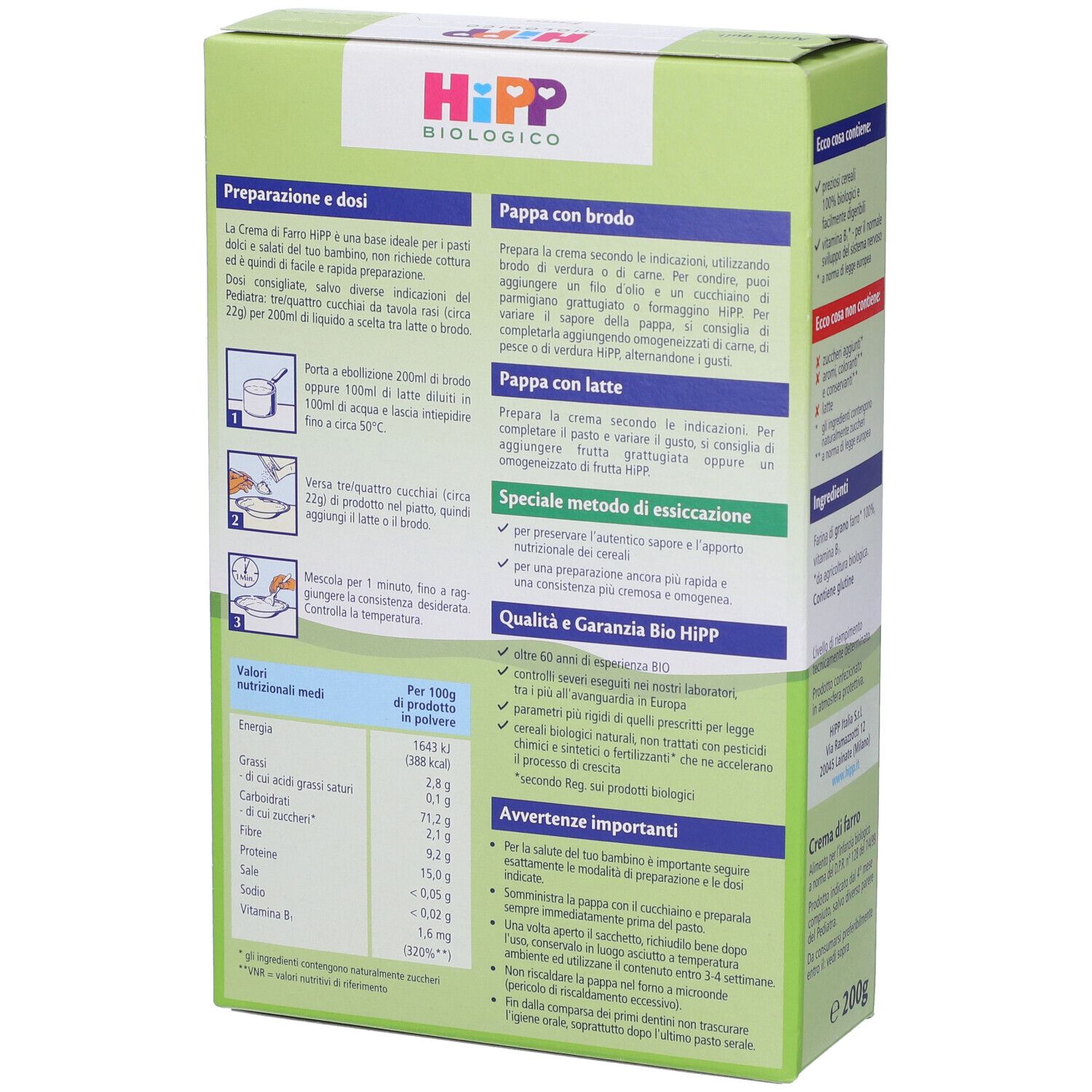 Confezione Hipp Bio Crema Cereali Farro. Retro con istruzioni, valori nutrizionali e testo. Sigillo biologico.