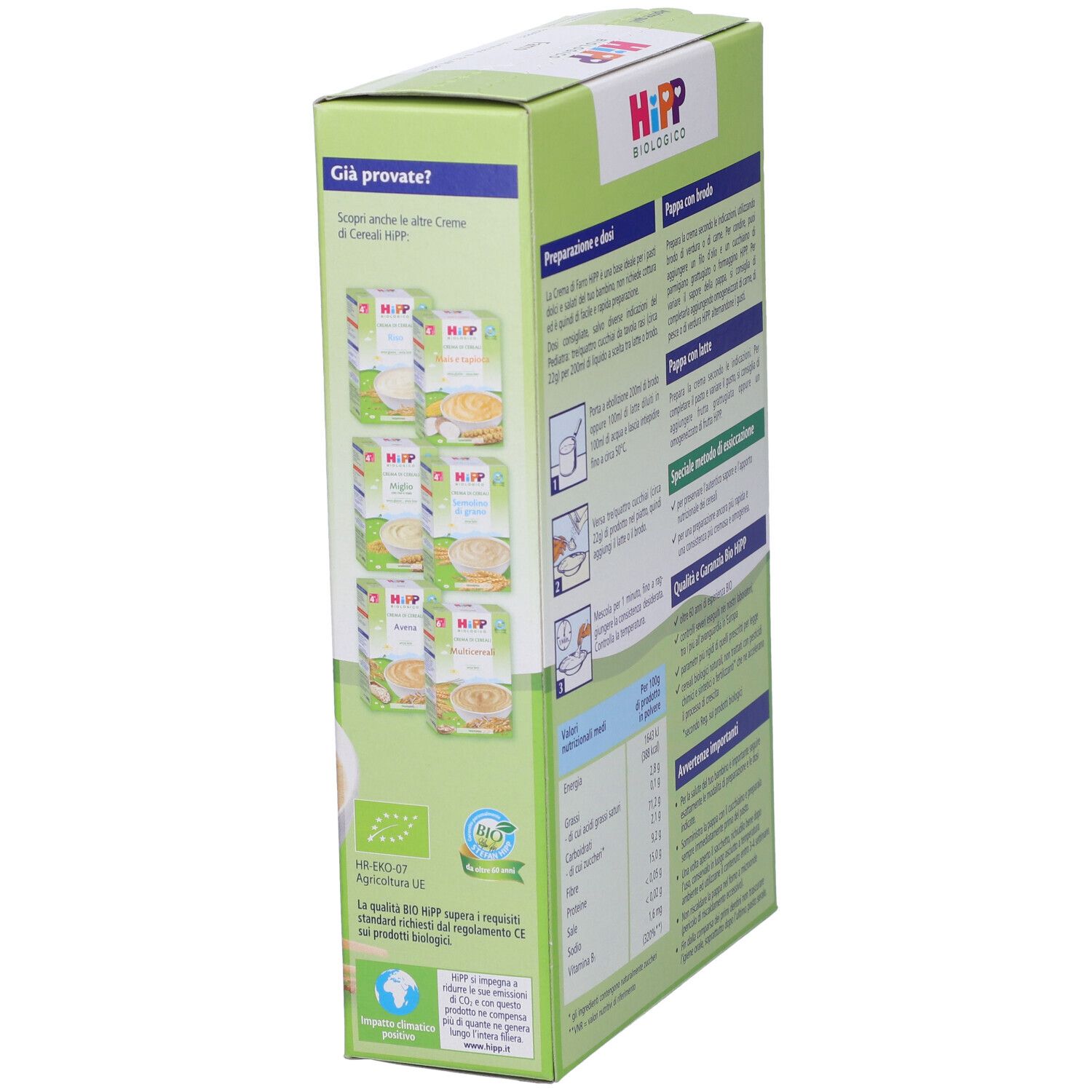 Confezione Hipp Bio Crema Cereali Farro. Vista laterale con immagini, logo e testo. Sigillo biologico.