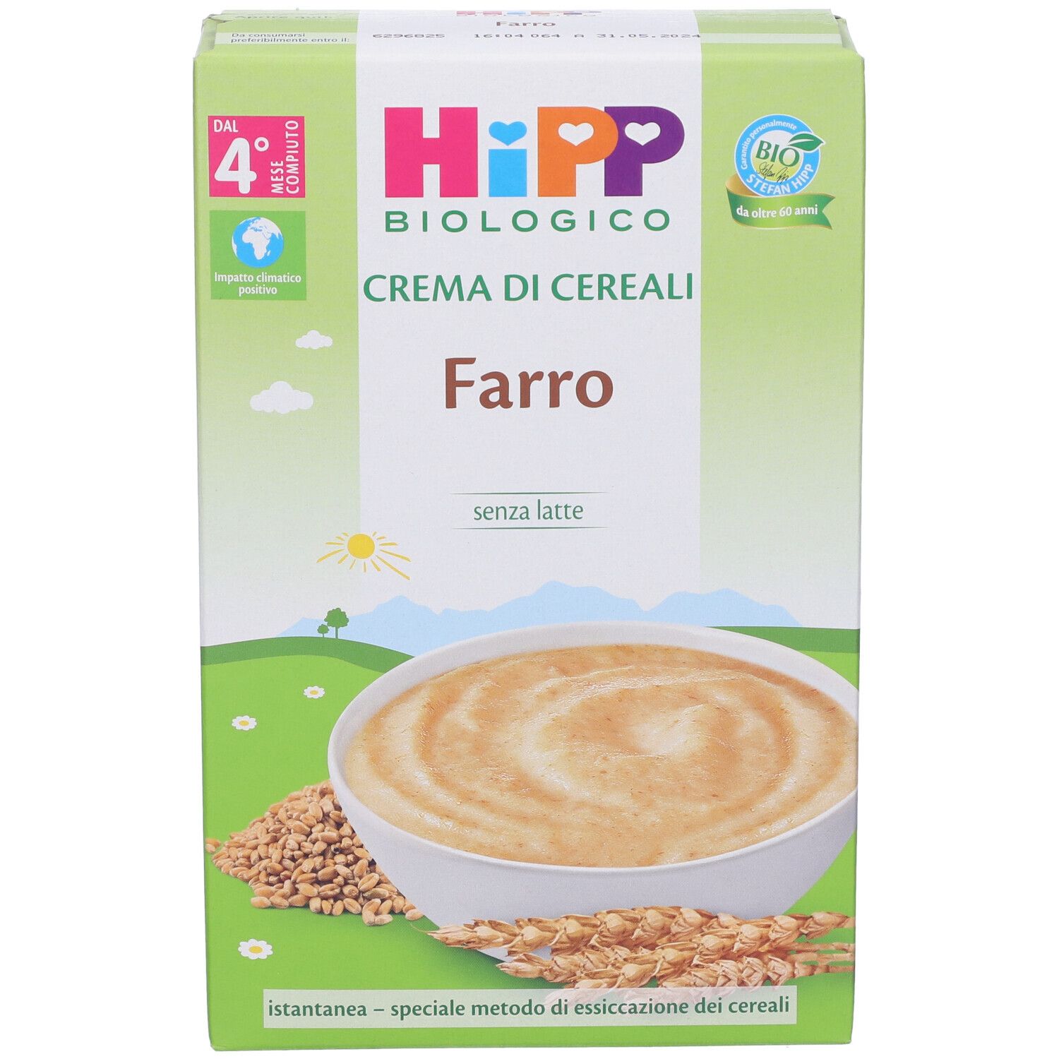 Confezione Hipp Bio Crema Cereali Farro. Vista frontale con immagine, logo e testo. Sigillo biologico.