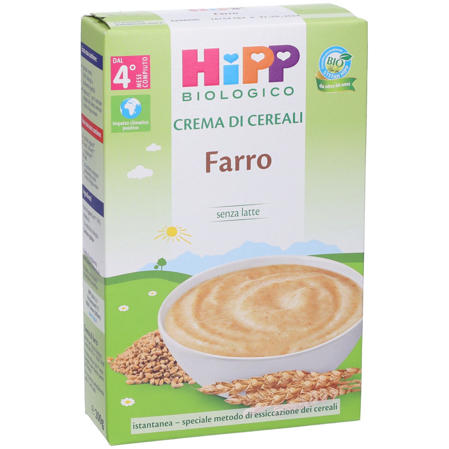 Confezione Hipp Bio Crema Cereali Farro. Vista frontale con immagine, logo e testo. Sigillo biologico.