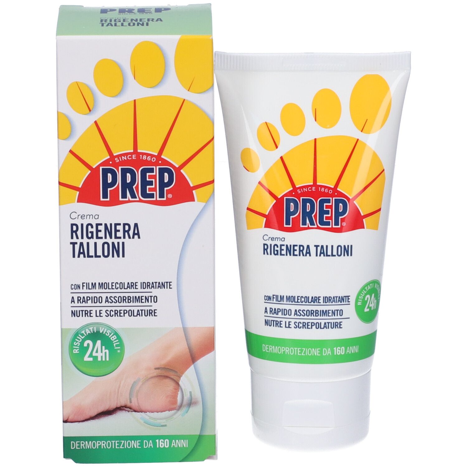 Produktverpackung mit Tube und Schachtel. Tube: PREP, Crema Rigenera Talloni. Schachtel: PREP, Crema Rigenera Talloni.