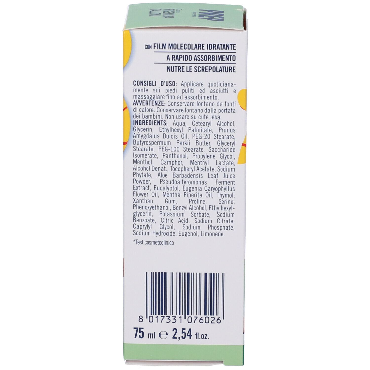 Seite der Schachtel. Text: PREP, Crema Rigenera Talloni. Inhaltsstoffe und Anweisungen auf Italienisch. 75 ml.