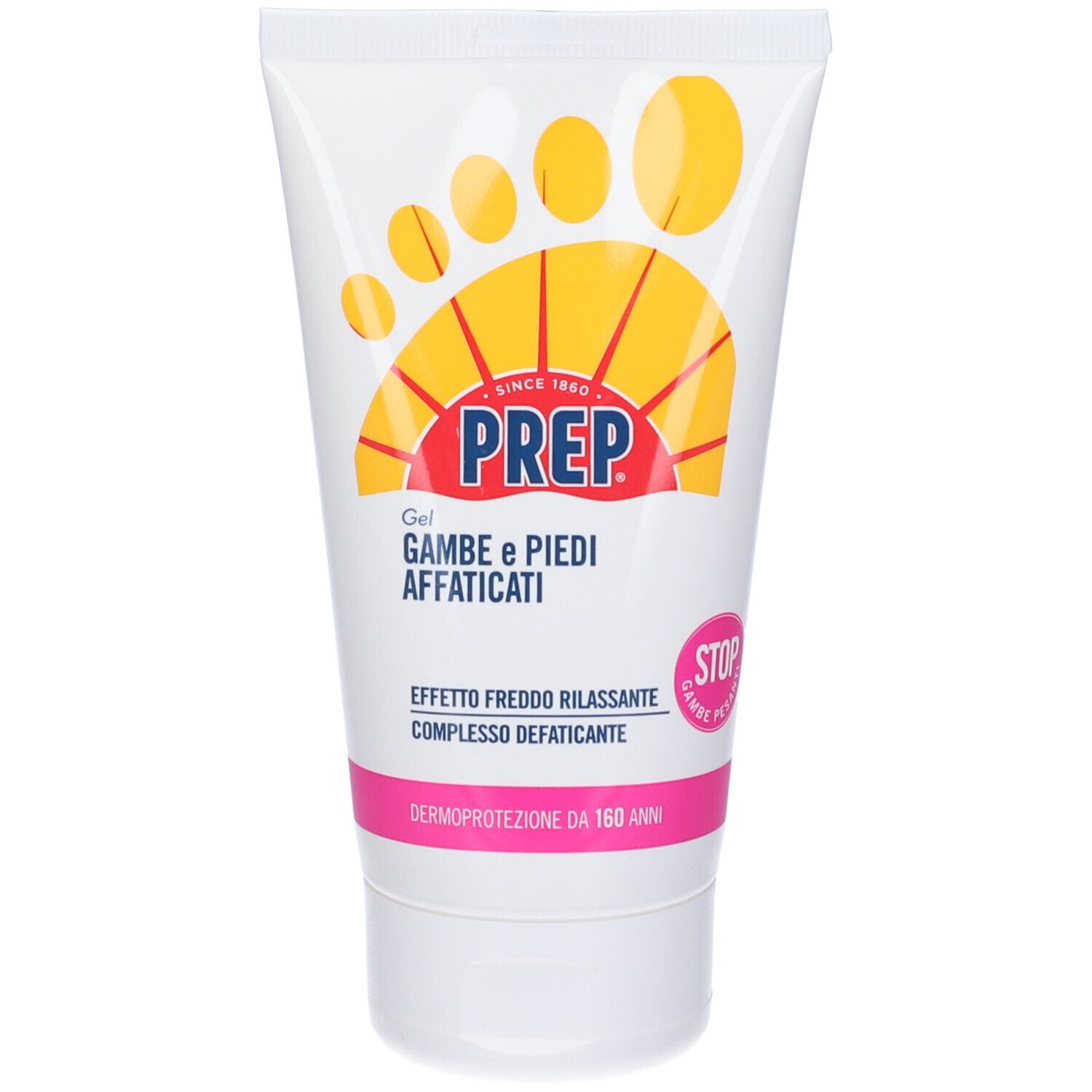 Tubo bianco con design impronta gialla e logo PREP rosso. Testo: Gel Gambe e Piedi affaticati. Accento rosa.