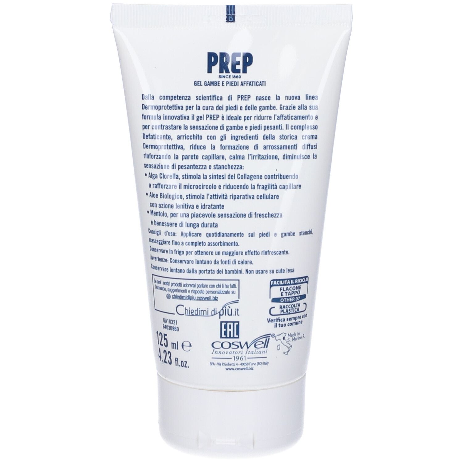 Retro del tubo bianco. Testo: PREP, Gel Gambe e Piedi affaticati. Ingredienti e informazioni in italiano.