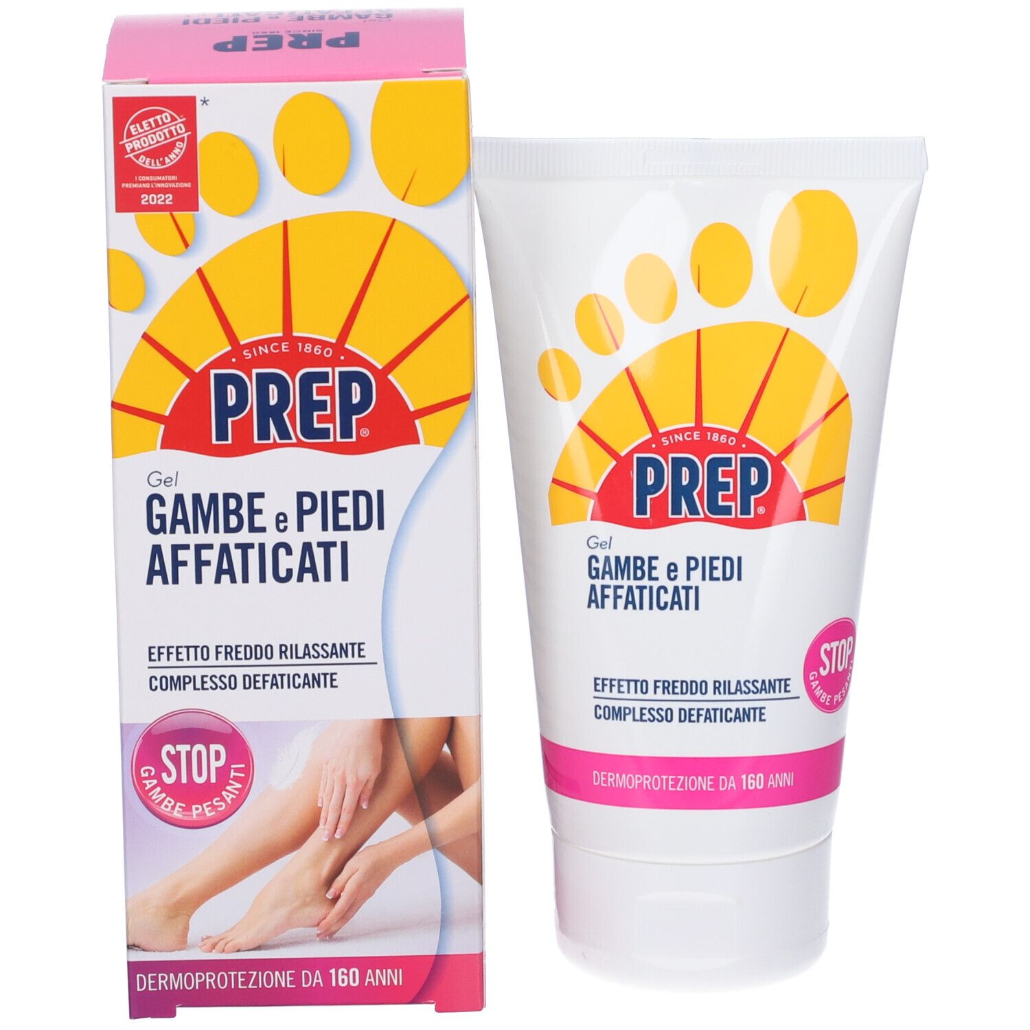 Confezione del prodotto: tubo e scatola. Tubo: bianco con impronta gialla e logo PREP rosso. Scatola: rosa e bianca.