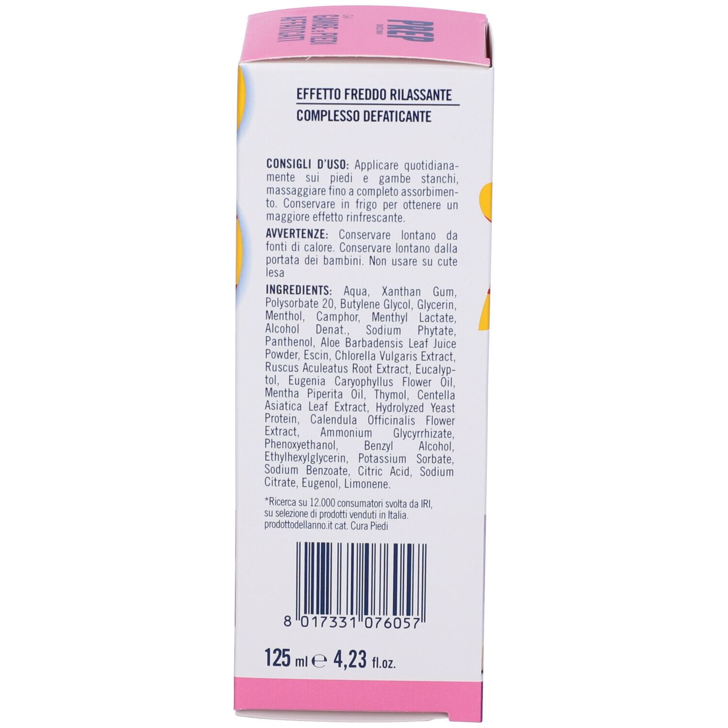 Lato della confezione del prodotto. Testo: Ingredienti, istruzioni per l'uso e avvertenze in italiano. Volume: 125 ml.