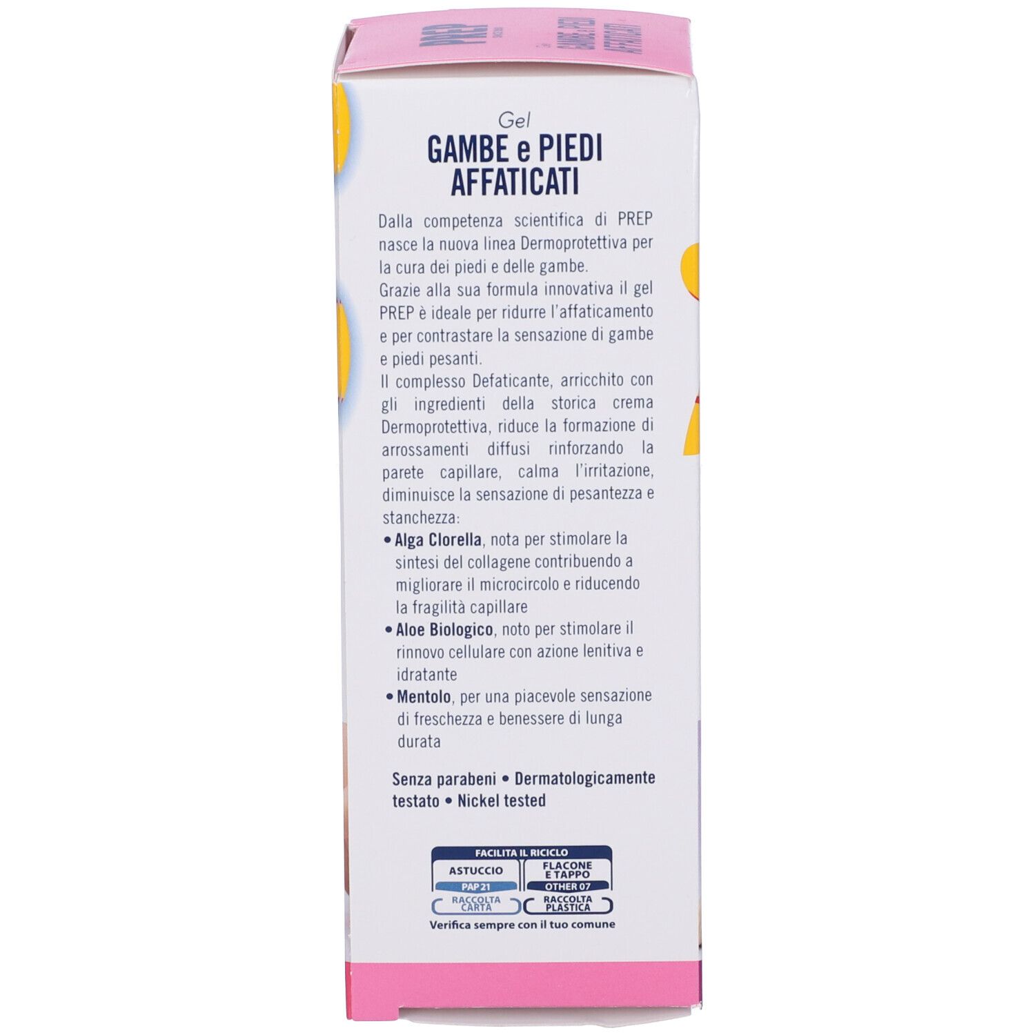 Retro della confezione del prodotto. Testo: PREP, Gel Gambe e Piedi affaticati. Descrizione del prodotto, ingredienti e certificazioni.