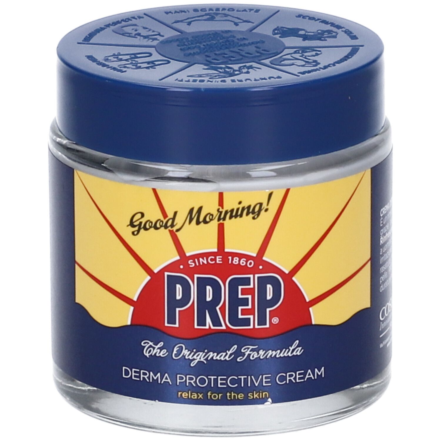 Barattolo di vetro con coperchio blu. Etichetta con logo PREP, testo: Derma Protective Cream. Scritta: Good Morning!
