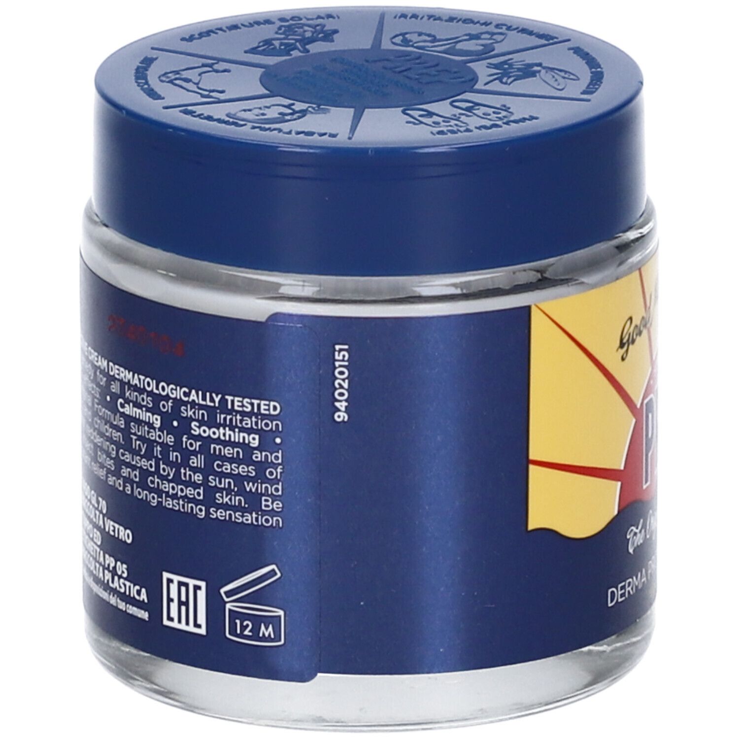 Barattolo di vetro con coperchio blu. Etichetta con testo: Dermatologicamente testato. Testo: Calmante, Lenitivo. Simbolo 12M.