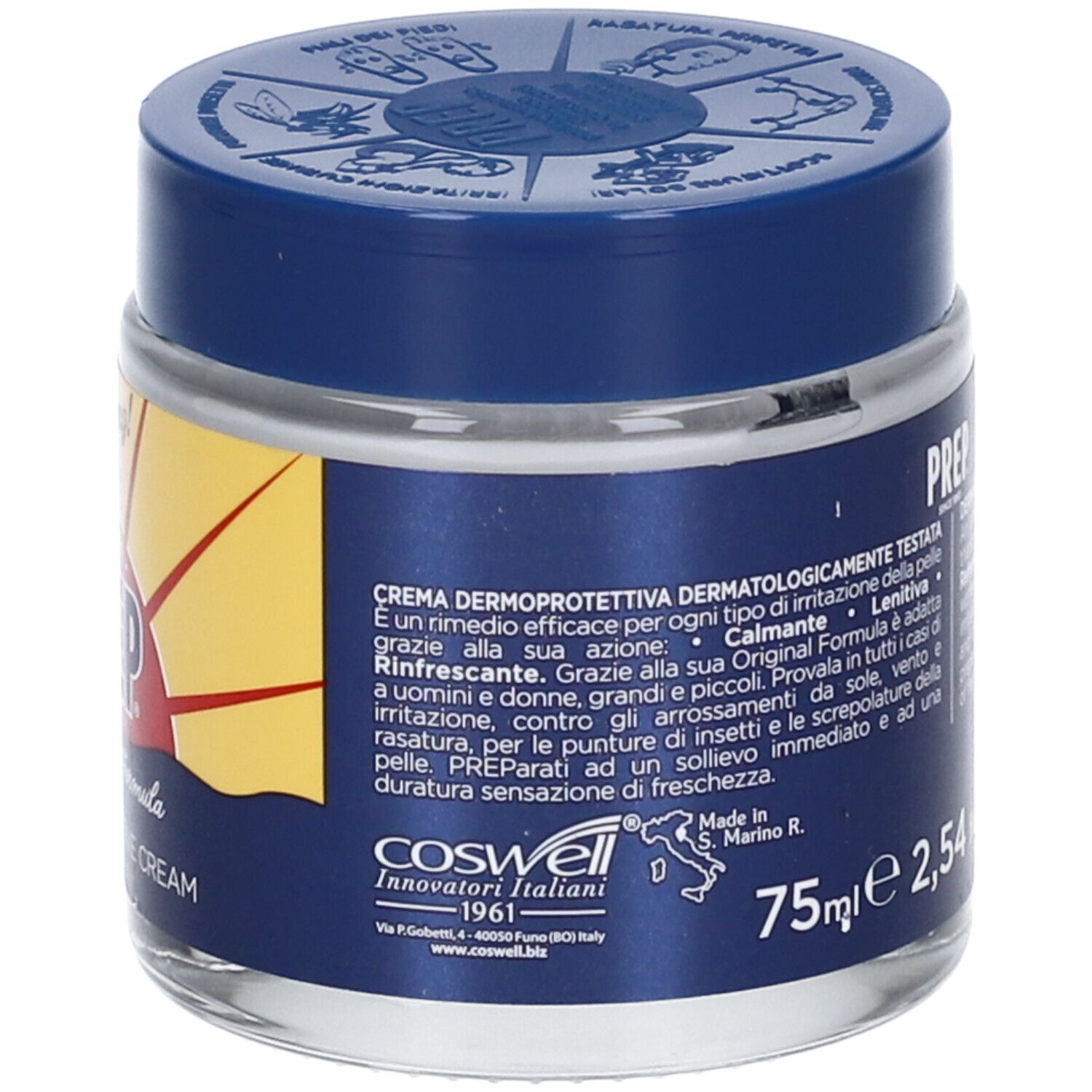 Barattolo di vetro con coperchio blu. Etichetta con logo PREP, testo: Derma Protective Cream. Testo: 75ml. Marchio: Coswell.