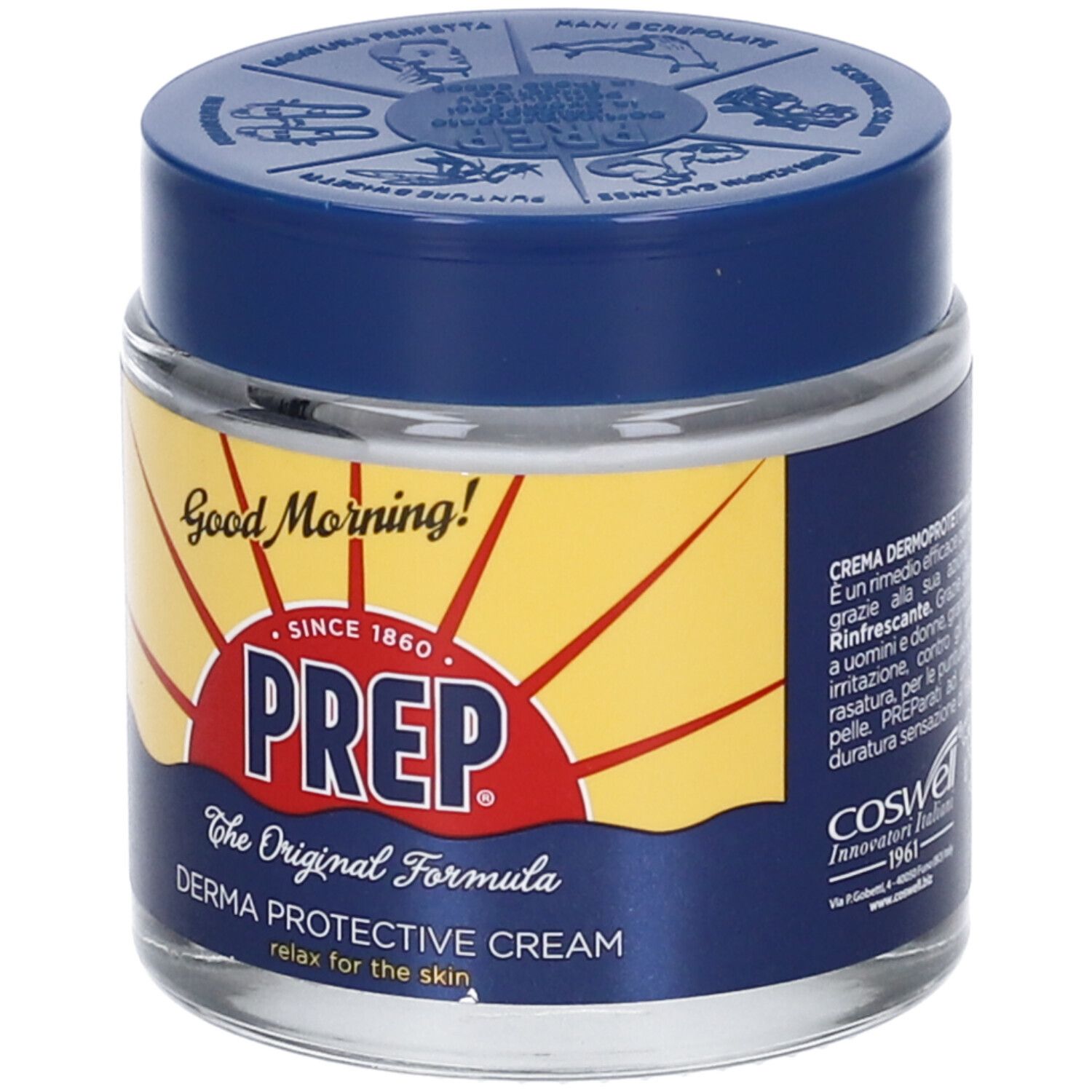 Barattolo di vetro con coperchio blu. Etichetta con logo PREP, testo: Derma Protective Cream. Scritta: Good Morning!
