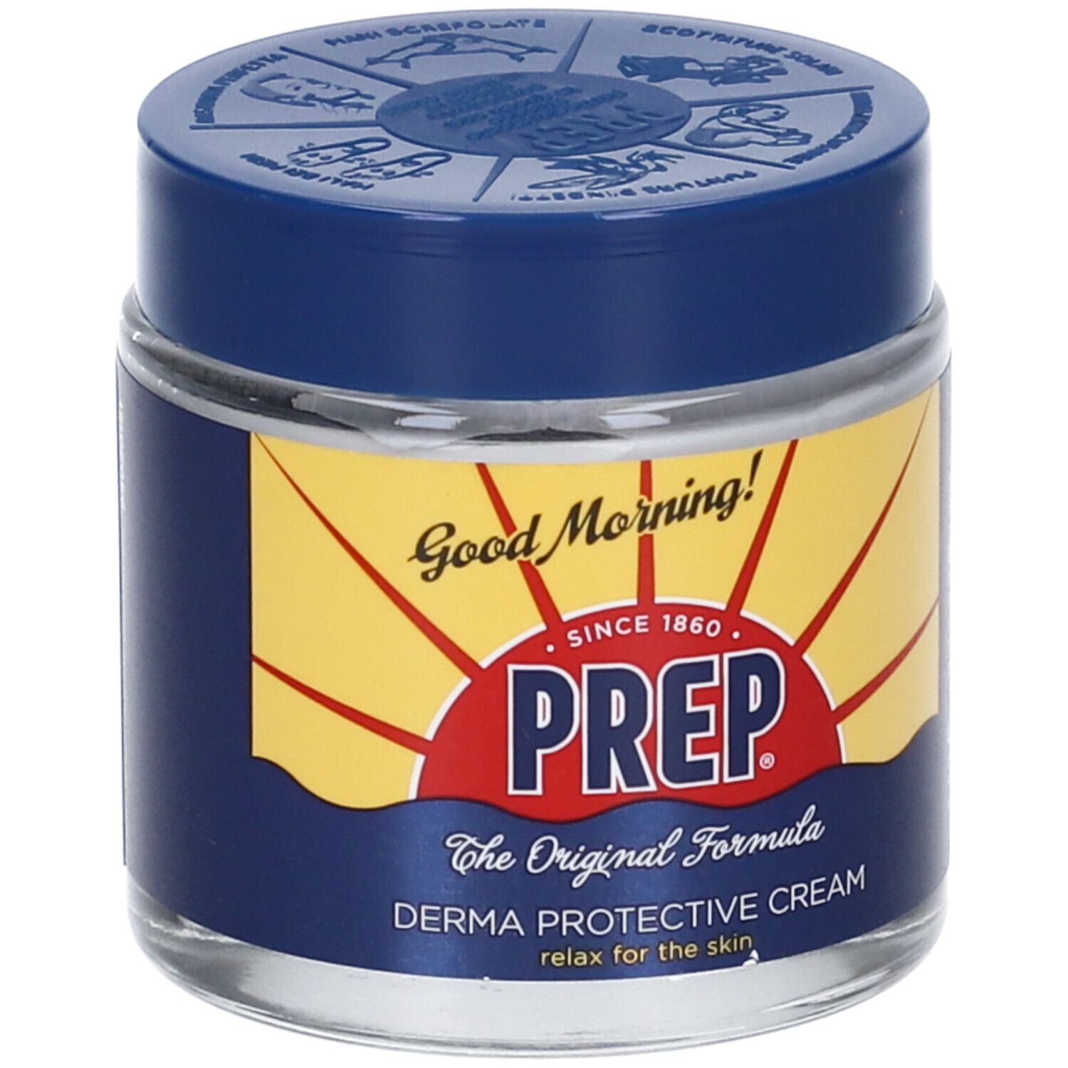 Barattolo di vetro con coperchio blu. Etichetta con logo PREP, testo: Derma Protective Cream. Scritta: Good Morning!