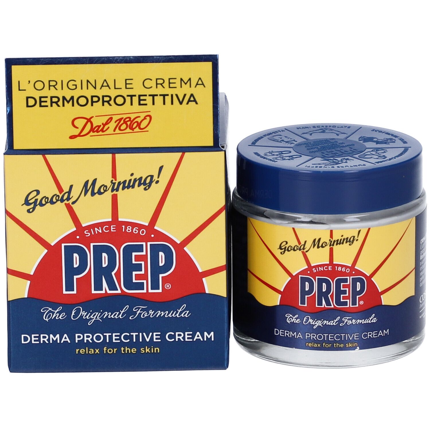 Barattolo e scatola PREP. Scatola con logo PREP, testo: Derma Protective Cream. Scritta: Good Morning!