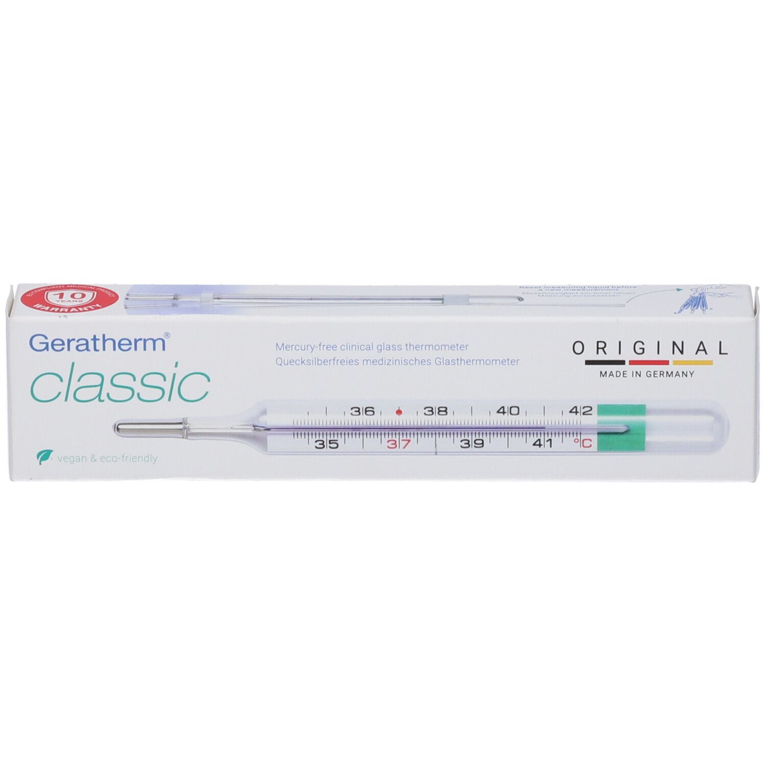 Termometro nella confezione. Scritte: Geratherm classic, ORIGINAL, senza mercurio.