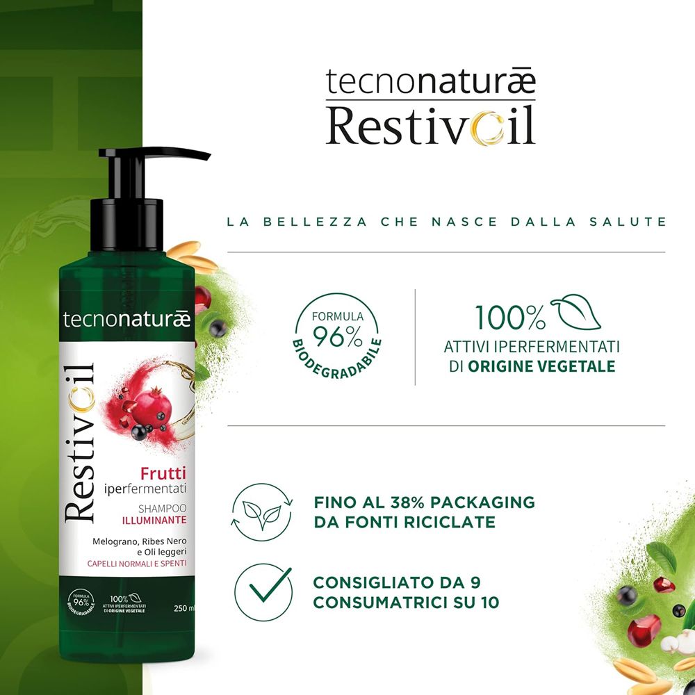 Grüne Flasche RestivOil Shampoo Illuminante mit Pumpverschluss. Enthält Granatapfel und Beeren.