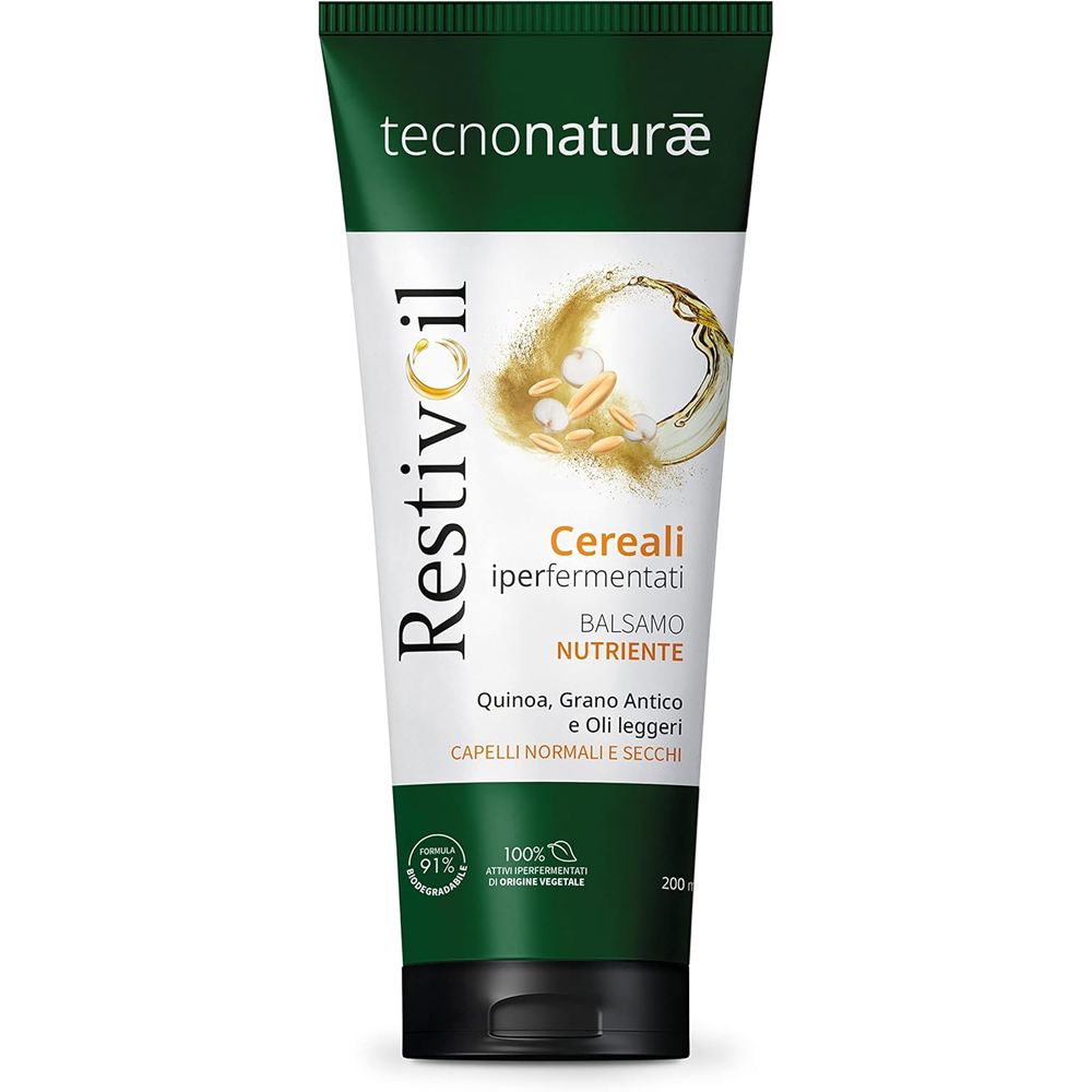 Tubo verde con nome e descrizione del prodotto. Contiene cereali e olio. Per capelli normali e secchi.