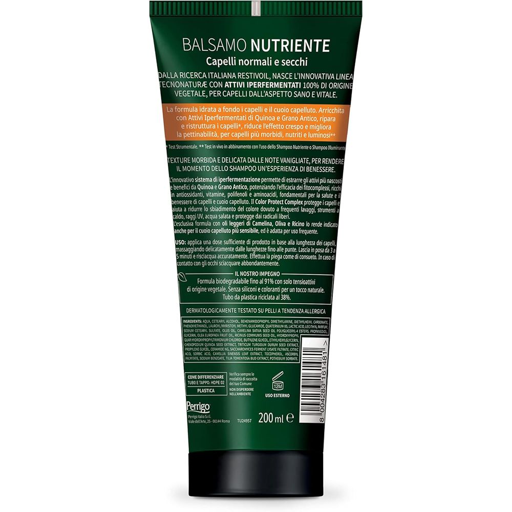 Retro del tubo verde. Testo con informazioni sul prodotto e ingredienti. 200 ml. Testato su pelle sensibile.