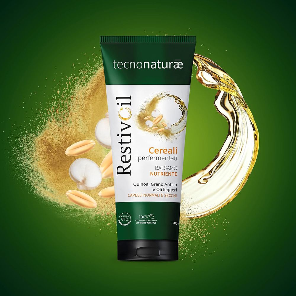 Tubo verde con nome e descrizione del prodotto. Cereali e olio in forma liquida. Per capelli normali e secchi.