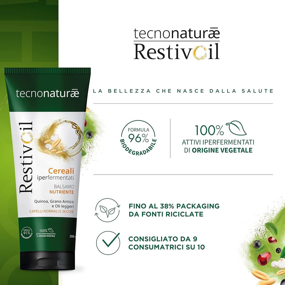Tubo verde con informazioni sul prodotto. 96% biodegradabile. 100% ingredienti vegetali. Imballaggio riciclato.