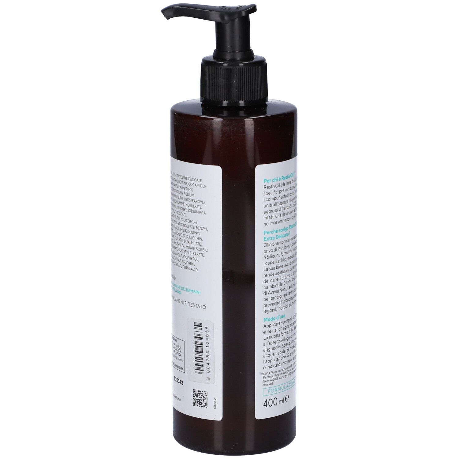 Seitenansicht der Restivoil Extra Delicato Öl-Shampoo Flasche mit Spender.