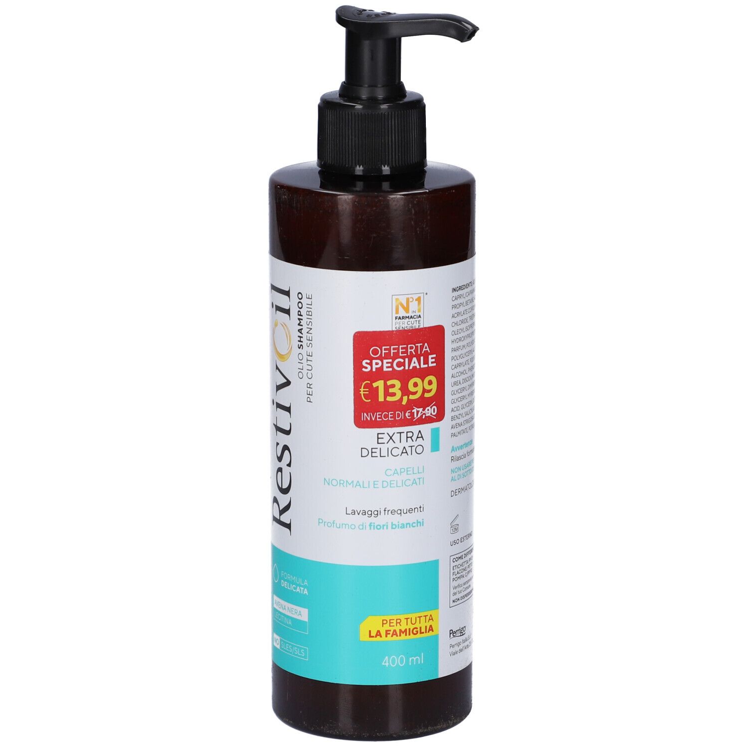 Restivoil Extra Delicato Öl-Shampoo Flasche mit Spender, 400 ml, mit Sonderangebot-Aufkleber.
