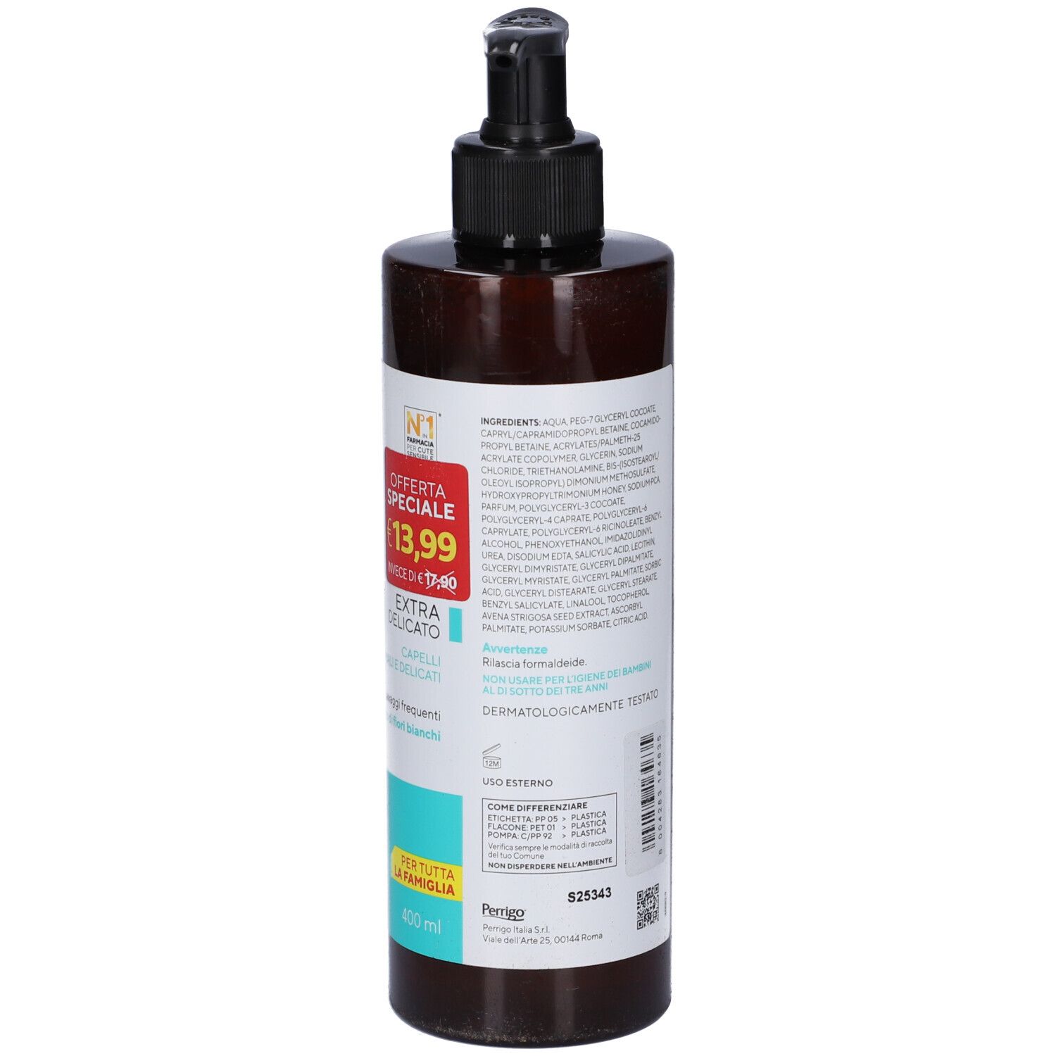 Rückseite der Restivoil Extra Delicato Öl-Shampoo Flasche mit Inhaltsstoffen und Sonderangebot-Aufkleber.