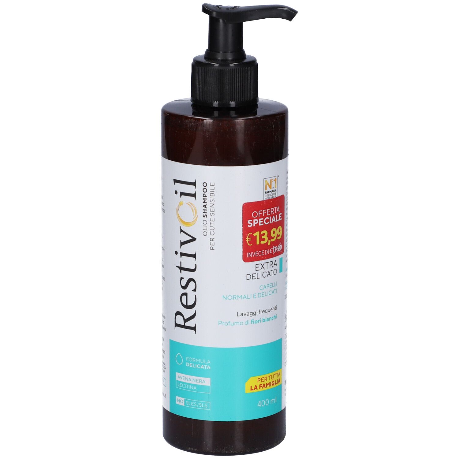 Restivoil Extra Delicato Öl-Shampoo Flasche mit Spender, 400 ml, mit Sonderangebot-Aufkleber.