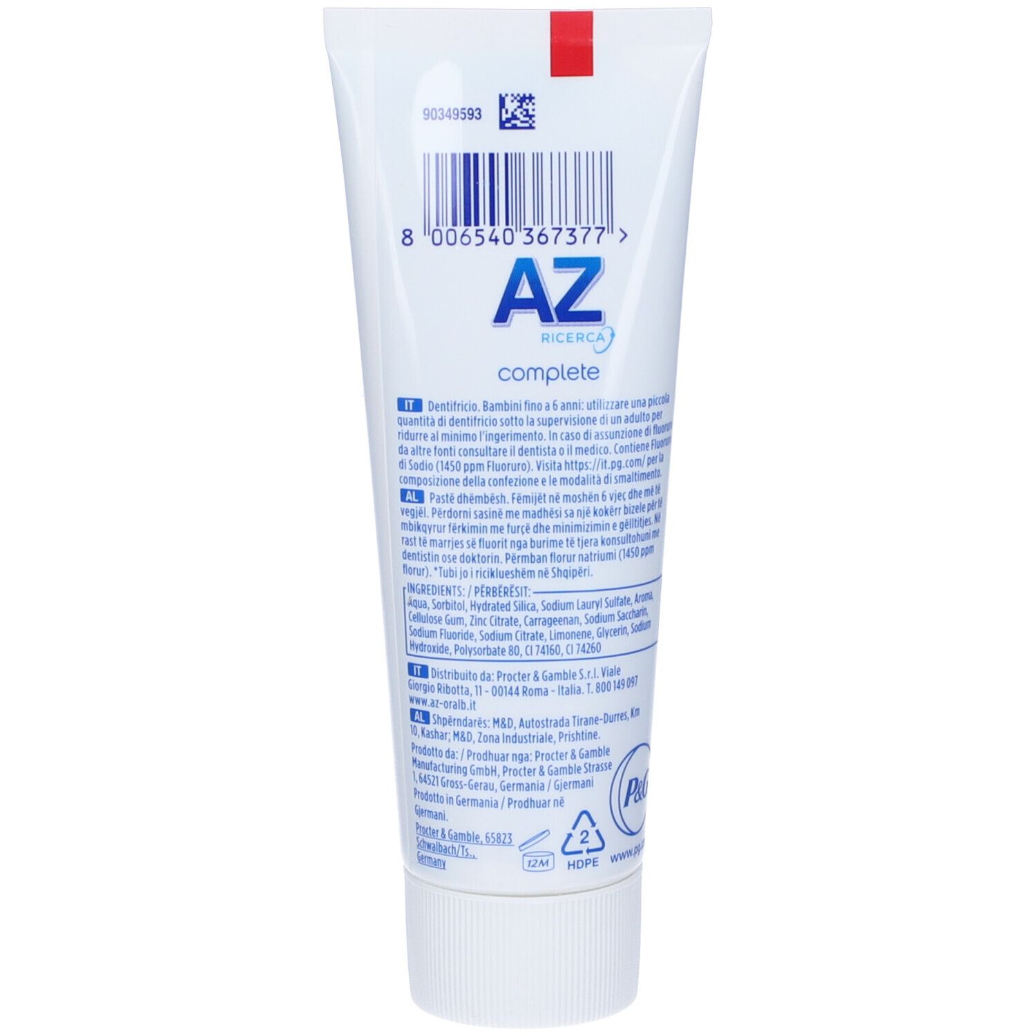 Weiße Tube AZ Complete Zahnpasta mit roten Akzenten und Barcode. Enthält Inhaltsstoffe und Anwendungshinweise.