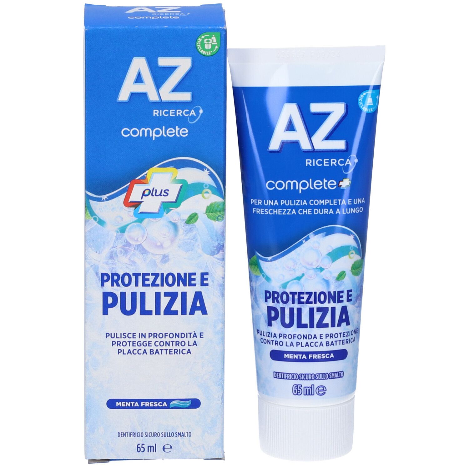 AZ Ricerca Complete Zahnpasta: Schutz und Reinigung, 65 ml Tube und Karton.