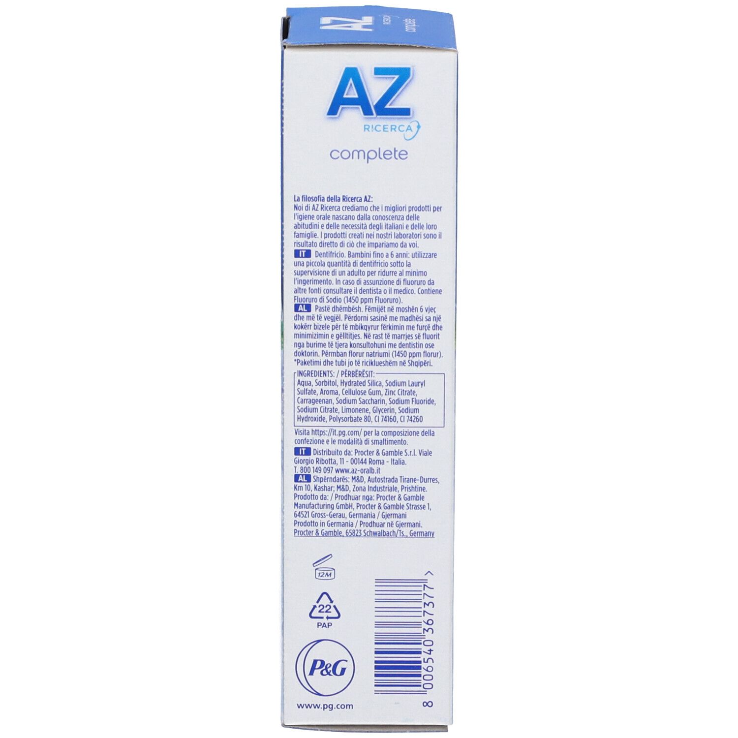 AZ Complete Zahnpasta-Verpackung mit Produktinformationen und Inhaltsstoffen.