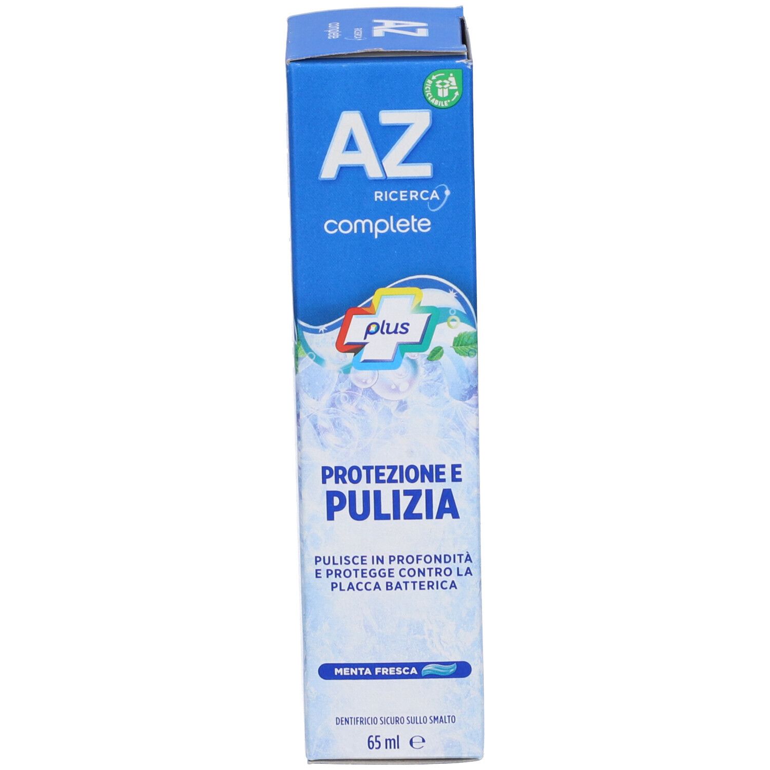 AZ Ricerca Complete Plus Zahnpastaschachtel, 65 ml, mit "Protezione e Pulizia" Aufschrift.