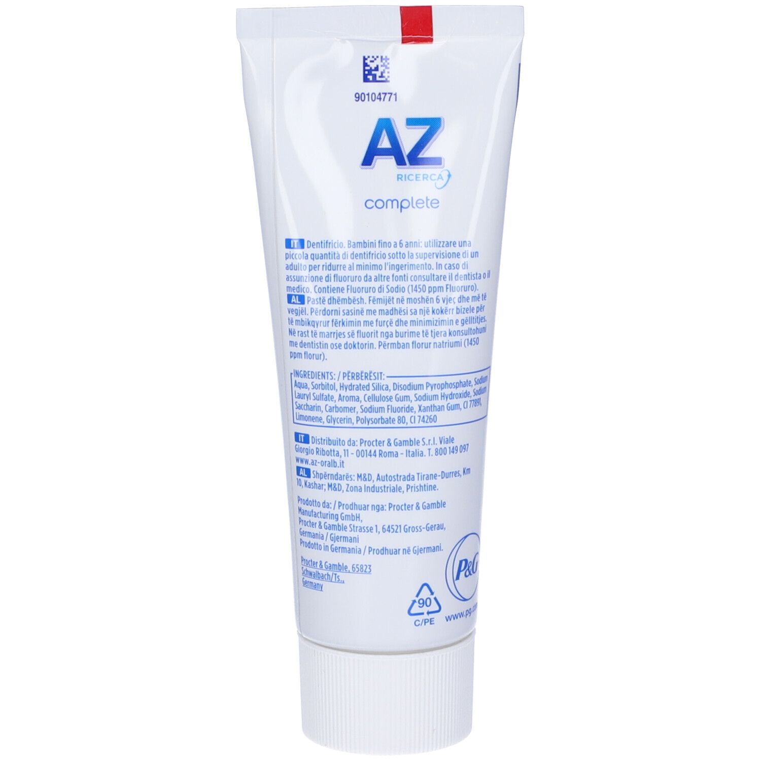 Weiße Zahnpastatube mit blauer Schrift 'AZ complete'. Enthält Informationen zu Inhaltsstoffen und Hersteller.